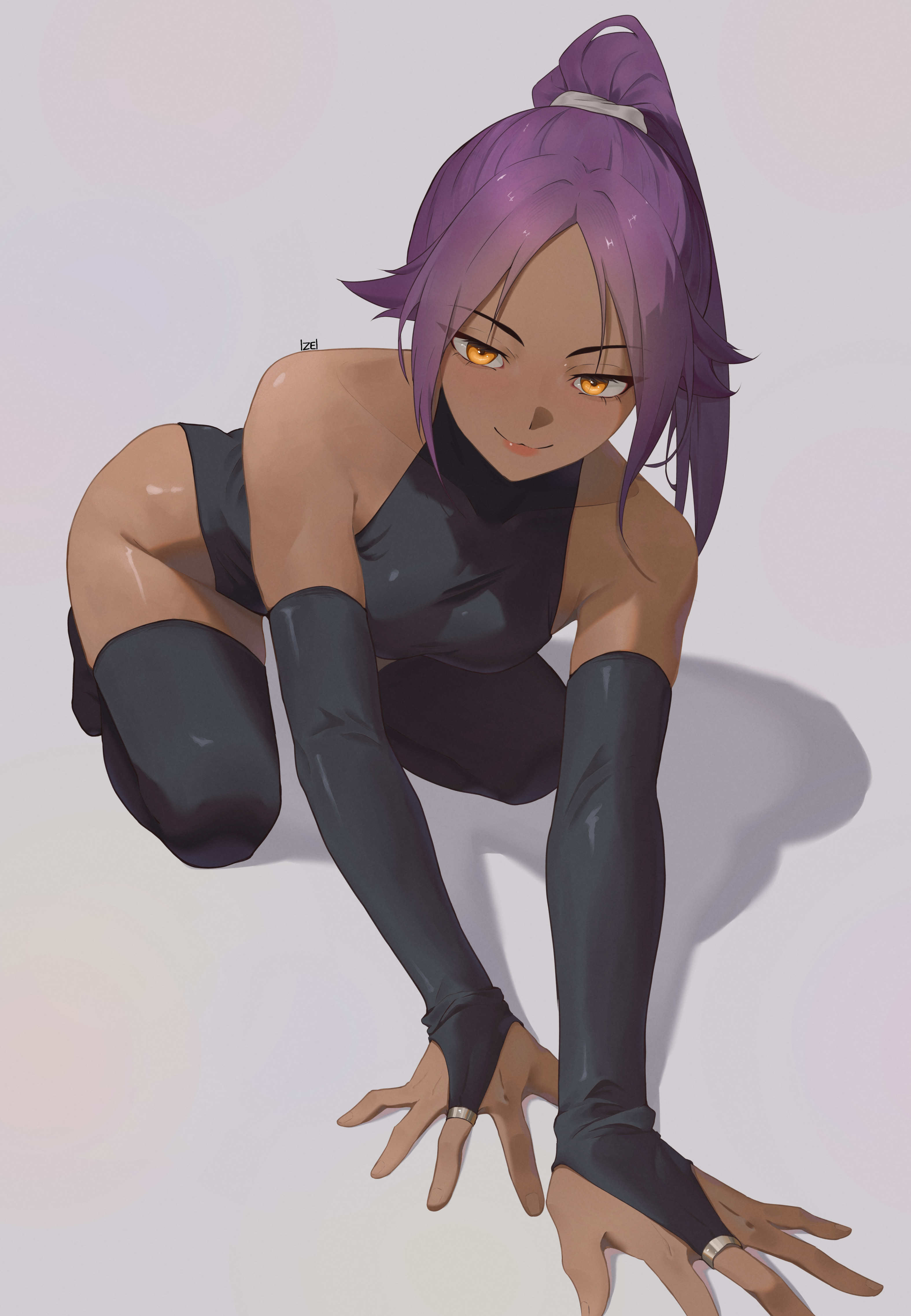 1girls, bent over, black bodysuit, bleach, bodysuit, dark skin, dark-skinned female, female, female only, izei1337, looking at viewer, ponytail, purple hair, shihouin yoruichi, sitting, smiling, smiling at viewer, solo, solo female, thigh highs, thighhighs, yellow eyes