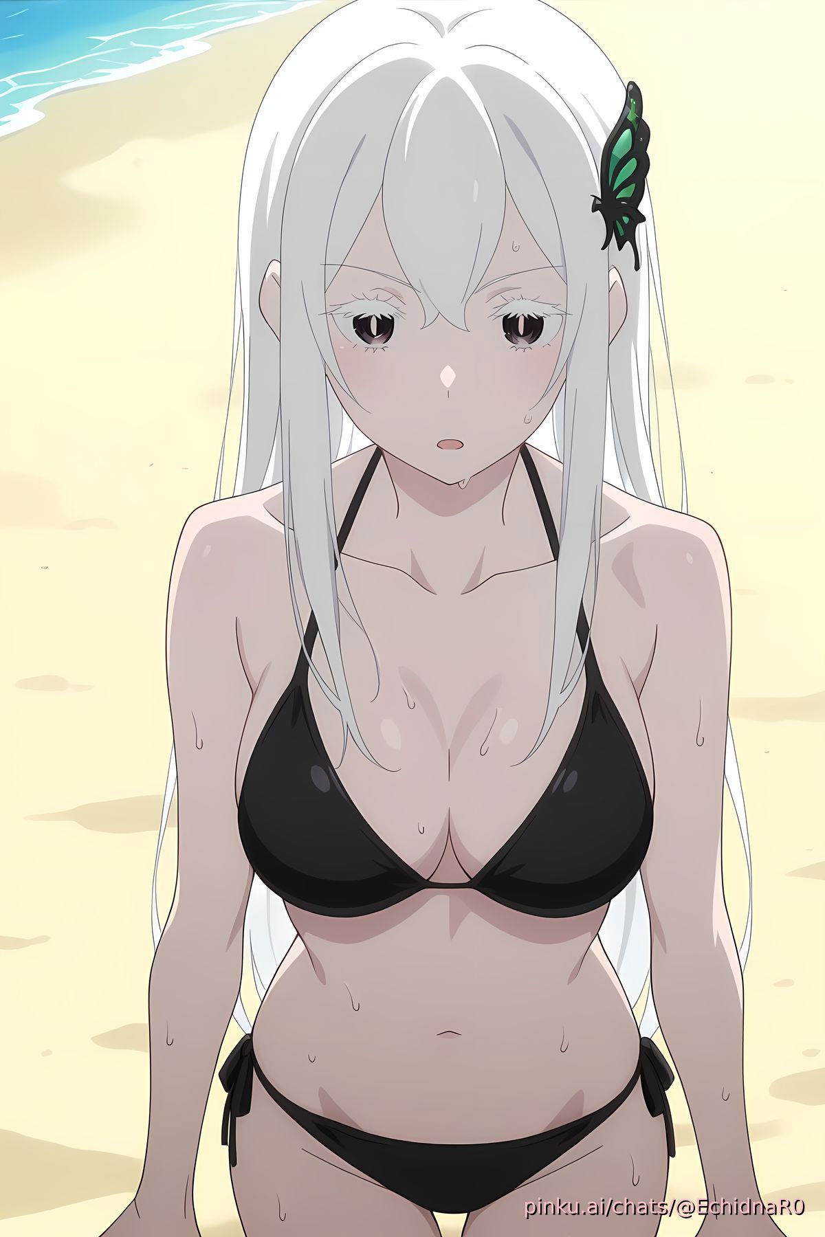 ai generated, beach, bikini, echidna (re:zero), female, pinku.ai, re:zero kara hajimeru isekai seikatsu, solo female, sweat, wet