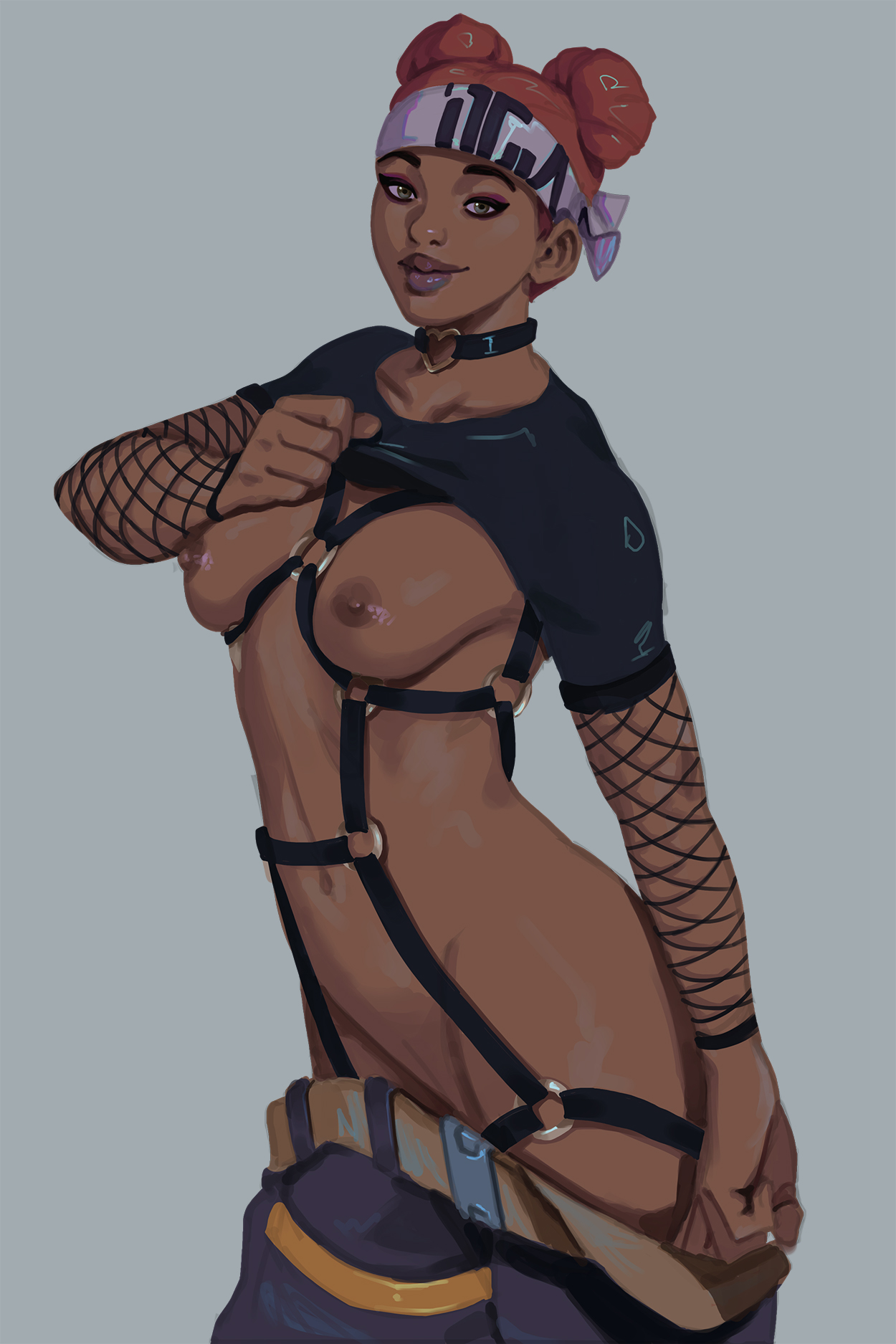 1girls, african, african female, afro puffs, apex legends, areolae, breasts, breasts out, collar, dark skin, dark-skinned female, female, fishnets, flhour, goth, goth girl, lifeline (apex legends), lipstick, looking at viewer, makeup, red hair, respawn entertainment, solo, solo female, undressing