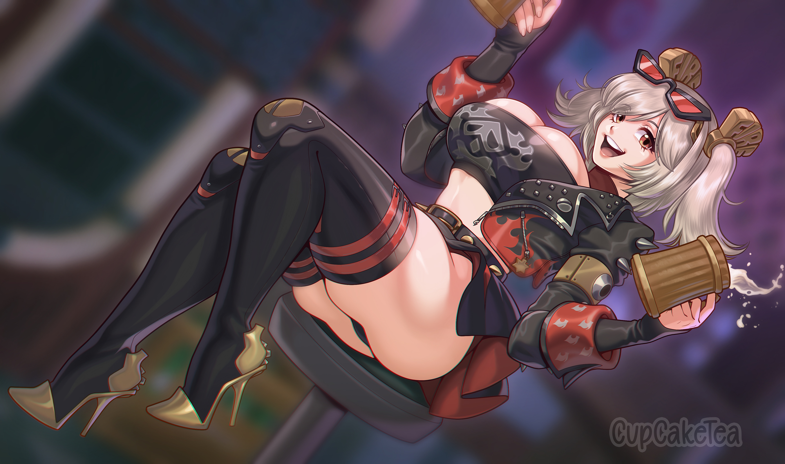 1girls, alcohol, beer mug, big breasts, blonde hair, blurry background, breasts, burnice white, clothed, clothing, commission, cupcake992, female, female only, fuck me boots, heels, hi res, high heel boots, high heels, jacket, legwear, looking at viewer, mihoyo, open mouth, red eyes, sitting, sitting on chair, smiling, smiling at viewer, solo, sunglasses on head, thick thighs, thigh squish, twintails, zenless zone zero