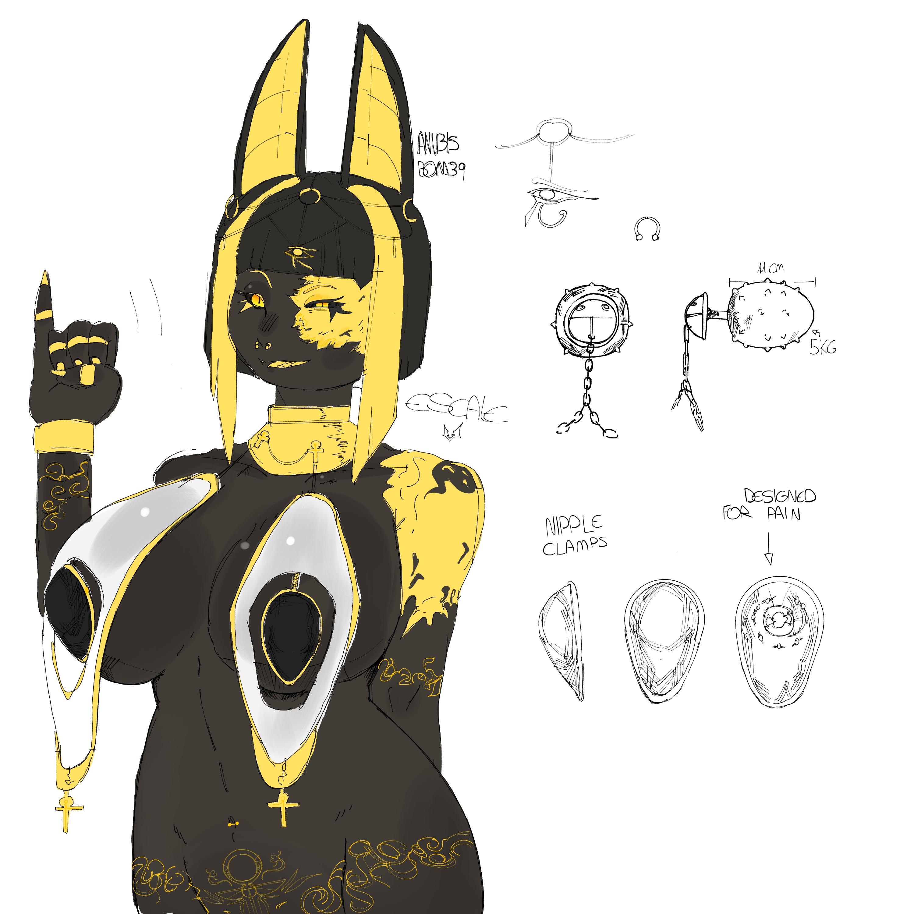 anal plug, ankh, anthro, anubian jackal, anubis, anubis (bom39), ass, black body, black hair, bob cut, bom39, bottomless, bottomless anthro, breasts, buttplug, earrings, ears up, egyptian, egyptian female, eye of horus, female, female focus, female only, furry, furry ears, furry female, furry only, gold earrings, gold jewelry, golden eyes, hips, hips wider than shoulders, huge ass, huge breasts, huge butt, massive breasts, massive buttplug, nipple bulge, nipple clamps, nipple covers, pubic tattoo, simple background, simple coloring, simple shading, skimpy, skimpy outfit, tattoo, thick ass, thick hips, thick thighs, thighs, topwear, yellow eyes