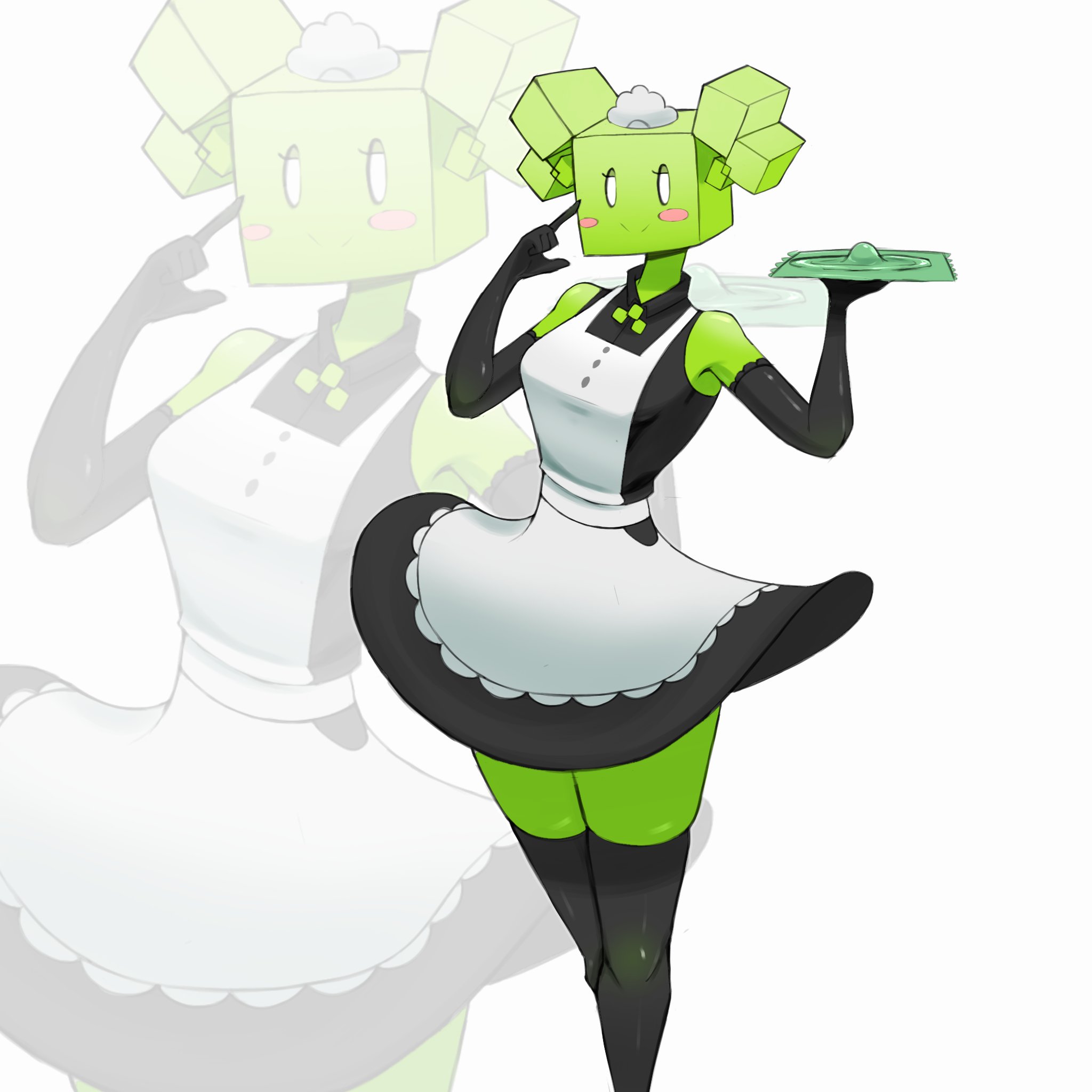 1girls, arm sleeves, blush, condom, condom wrapper, cube head, dress, elbow gloves, female, green body, green skin, maid, maid headdress, maid outfit, maid uniform, mario (series), megamor, mimi (super paper mario), naughty face, paper mario, pigtails, simple background, skirt, socks, stockings, white eyes