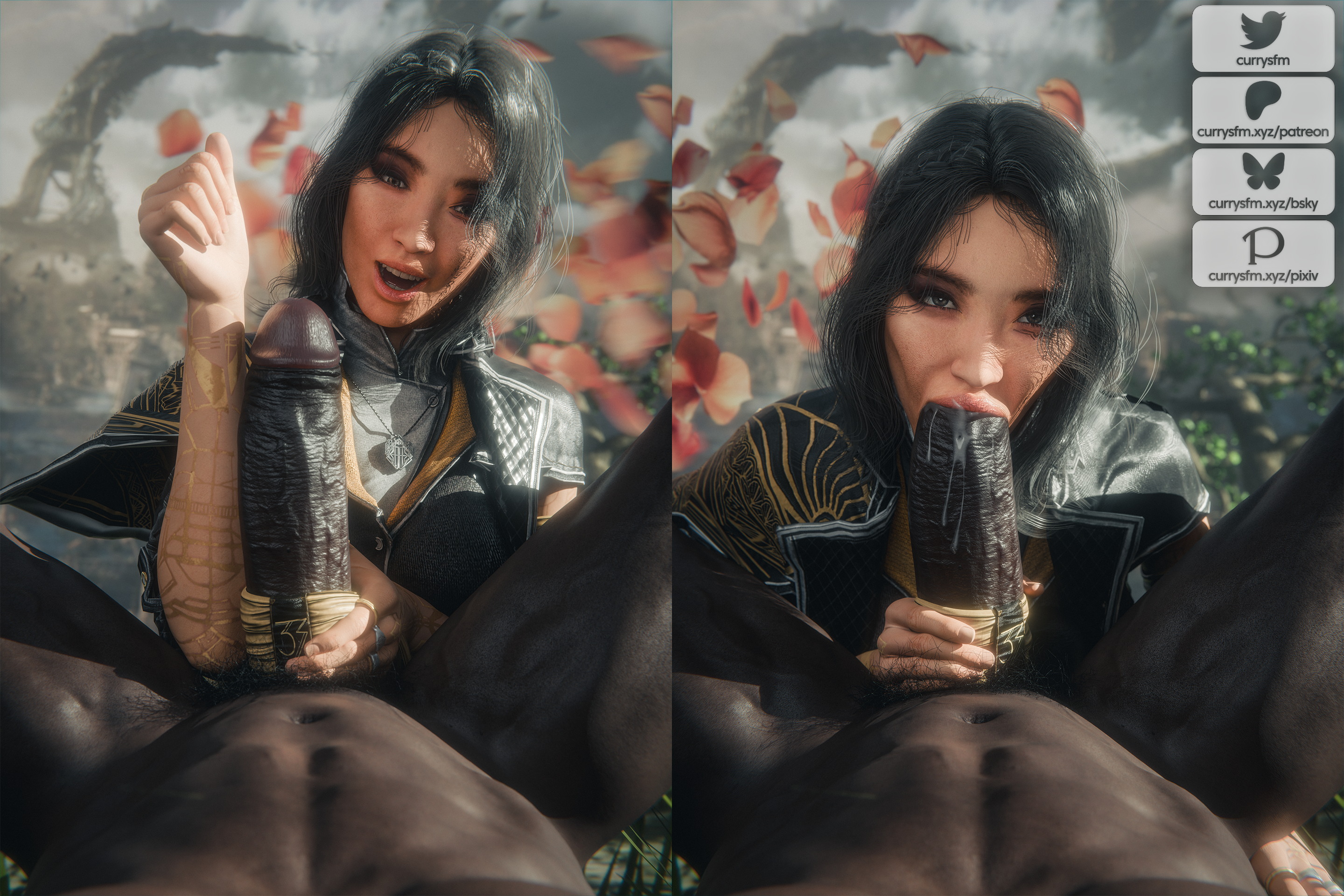 3d, asian, big penis, blowjob, blowjob face, clair obscur: expedition 33, clothed female nude male, currysfm, dark skin, dark-skinned male, fellatio, female, forearm cock, huge cock, interracial, large penis, light skin, light-skinned female, looking at viewer, lune (clair obscur: expedition 33), male, measuring, measuring penis, measuring with arm, oral, oral sex, outdoors, penis, pov, sucking, sucking penis