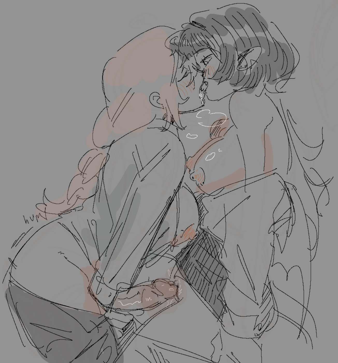 1futa, 1girls, barely clothed, black hair, breasts, breasts out, female, futa on female, futanari, glasses, intersex, jane doe (zenless zone zero), kissing, mihoyo, nipples, penis, penis on pussy, pink hair, pussy, sketch, sweeter kiwiis, tsukishiro yanagi, zenless zone zero