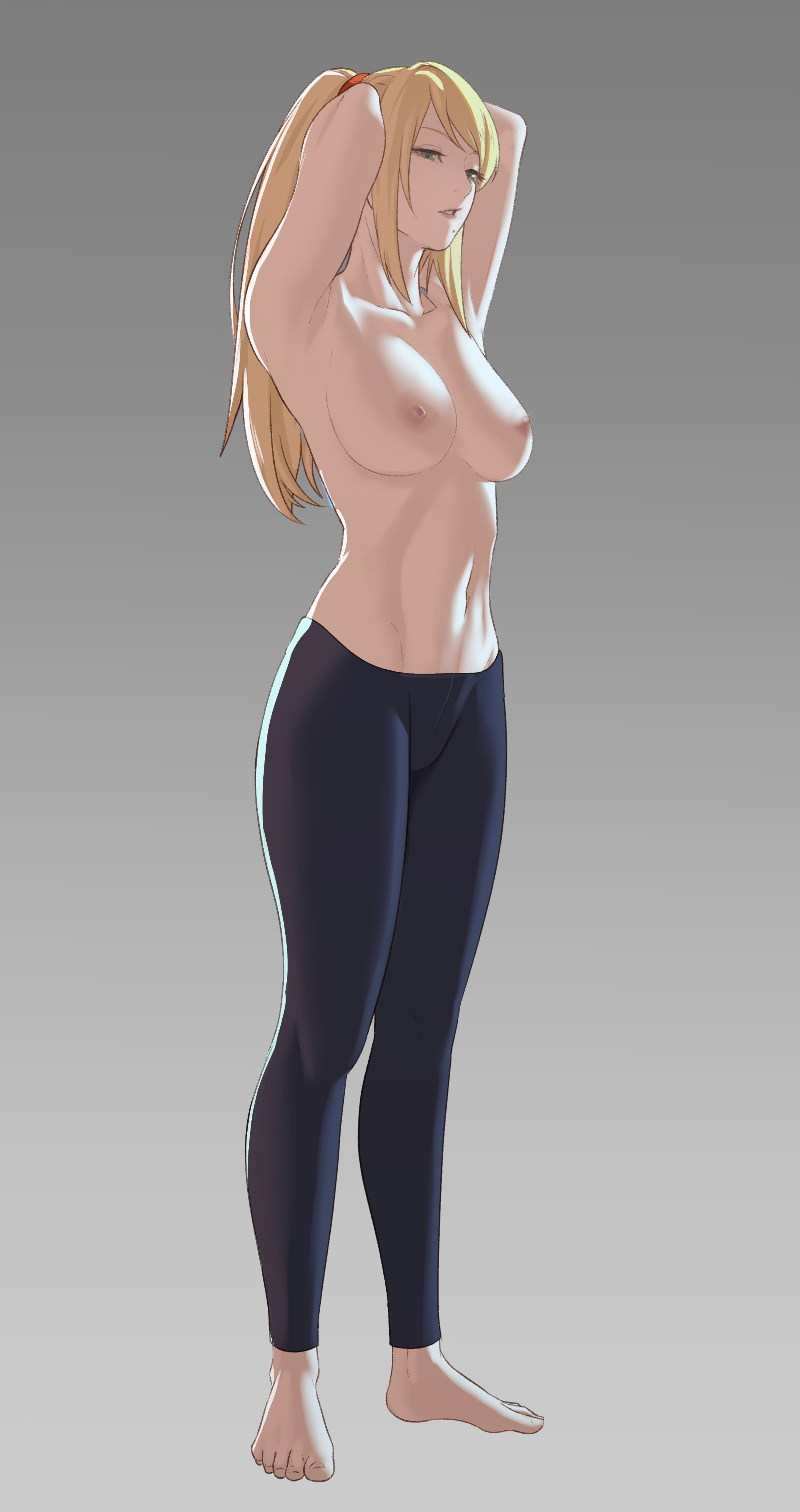 1girls, armpits, arms above head, blonde hair, blue eyes, feet, female, fit, fit female, full body, metroid, mole under mouth, nintendo, pomelomelon, samus aran, solo, solo female, topless, variant