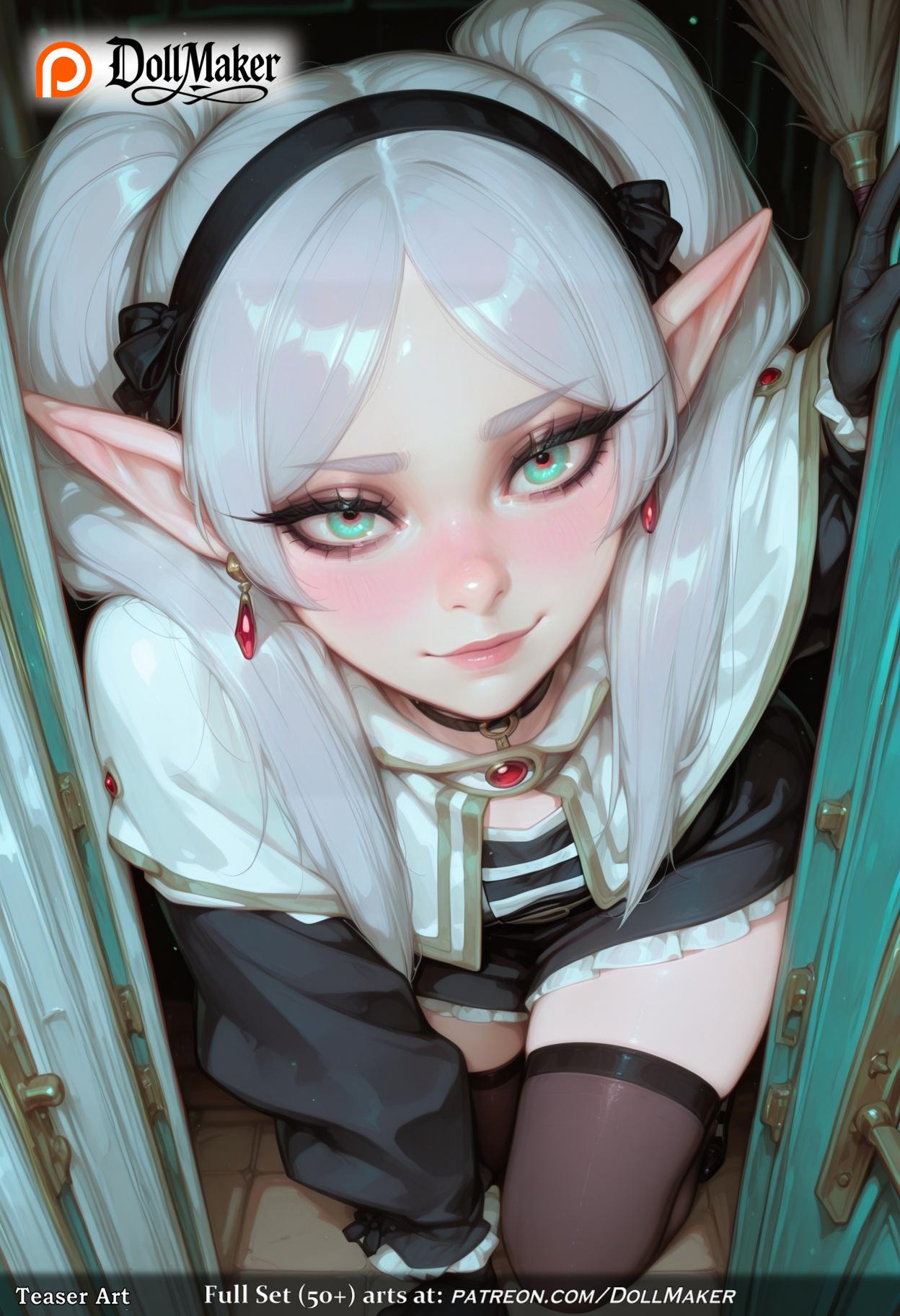 ai_generated bangs black_legwear blue_eyes blush breasts choker cleavage closed_mouth dark_elf dollmaker downblouse ear_piercing earrings elf female frieren from_above hairband heart heart-shaped_pupils jewelry lips long_hair long_pointy_ears long_sleeves looking_at_viewer looking_up makeup piercing pointy_ears smile solo sousou_no_frieren symbol-shaped_pupils tagme thighhighs twintails vampire very_long_hair