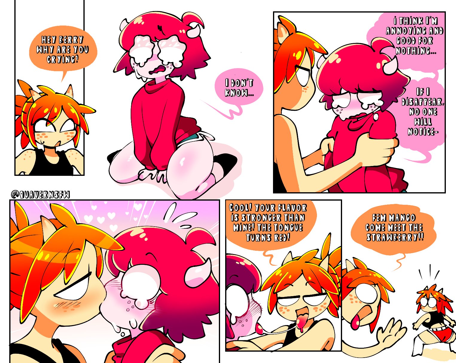black tank top, blush, confused, crying, crying with eyes open, eyes wide open, female, femboy, flirty, gay, gay kiss, gay kissing, kissing, male, maledom, malesub, mango quaver, mango quaver (female), mango quaver (male), nervous, orange hair, orange-haired male, original, quavernsfw, red hair, red sweater, red tongue, strawberry quaver, surprise, surprised, surprised expression, surprised look, tongue kiss, wide eyed, wide hipped male, wide hips, yaoi