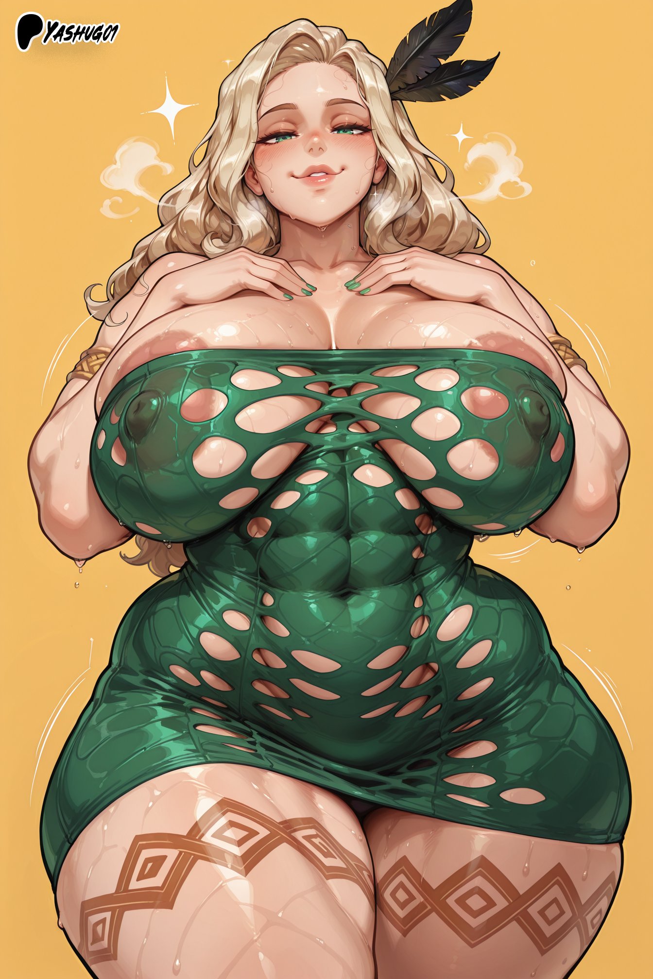 ai generated, amazon (dragon's crown), areolae visible through clothing, athletic female, bare thighs, bbw, bitch, blonde hair, breasts, dragon's crown, female, gigantic breasts, green eyes, huge areolae, huge breasts, huge nipples, huge thighs, light skin, light-skinned female, long hair, looking at viewer, massive breasts, minidress, muscular, muscular female, nipples visible through clothing, oiled body, oiled skin, puffy nipples, smiling, solo female, squatting, sweat, sweatdrop, thick body, thick female, thick thighs, thighs, thighs bigger than head, tongue, tongue out, very long hair, voluptuous, voluptuous female, yashugai
