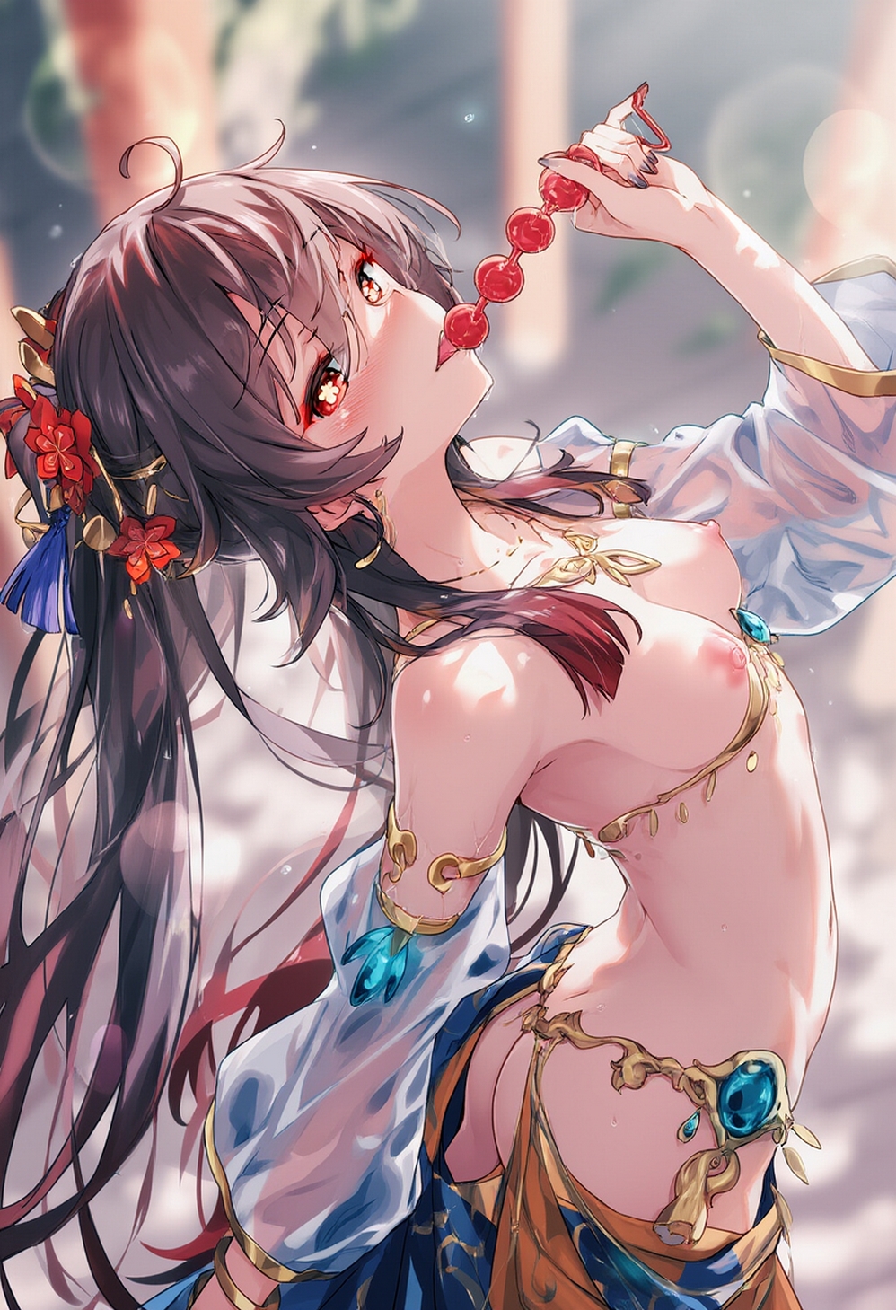 1girls, ai generated, anal beads, ass, breasts, breasts out, buttplug in mouth, curvy body, curvy female, egyptian clothes, female, female only, genshin impact, hu tao (genshin impact), nipples, raaicave, solo