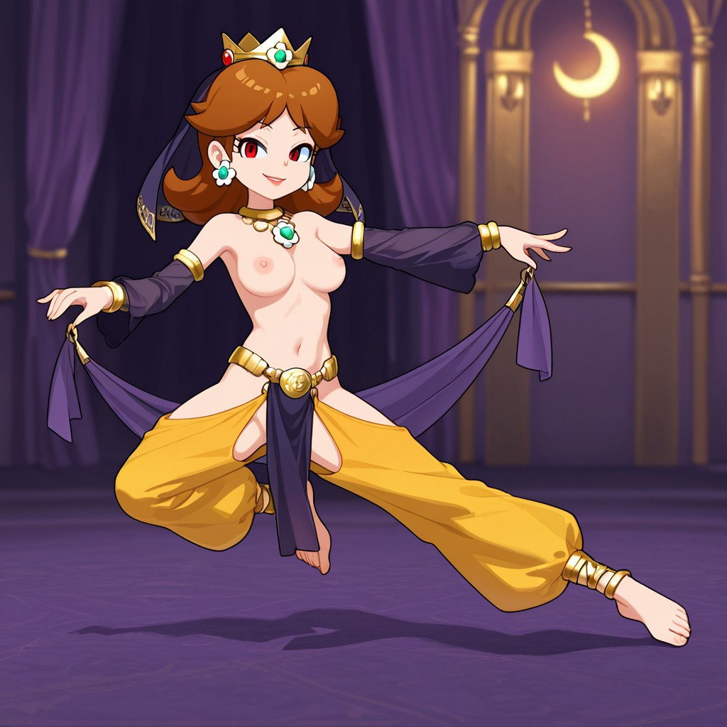 1girls barefoot brainwashed brown_hair clothing crown female harem_outfit long_hair mario_(series) mind_control navel nintendo nipples princess princess_daisy royalty seductive_look sex_slave slave super_mario_bros. topless