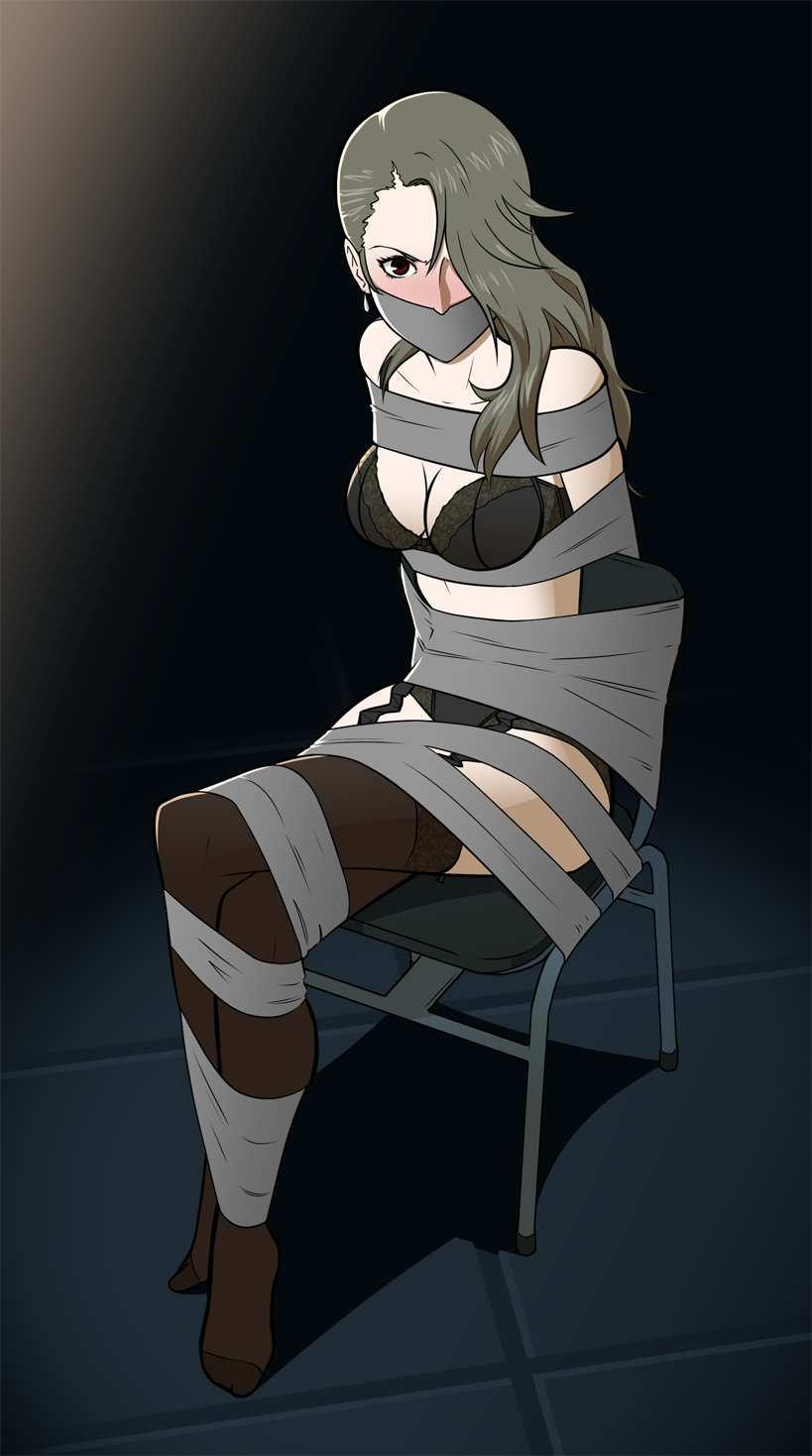 1girls angry angry_expression angry_face arms_behind_back black_bra black_lingerie black_panties black_underwear blush bondage bound bound_ankles bound_arms bound_legs bra breasts brown_eyes chair chair_bondage cleavage crossed_legs dark_room earrings embarrassed embarrassed_female female female_focus female_only femsub forced forced_exposure gag gagged garter_belt garter_straps grey_hair hair_over_one_eye hi_res high_resolution highres indoors light-skinned_female lingerie lingerie_only long_hair looking_at_viewer medium_breasts panties partially_clothed persona persona_5 restrained restrained_arms restrained_legs sae_niijima simple_background solo_focus stockings tape tape_bondage tape_gag taped_mouth thighhighs thighs tied_to_chair underwear wossarem
