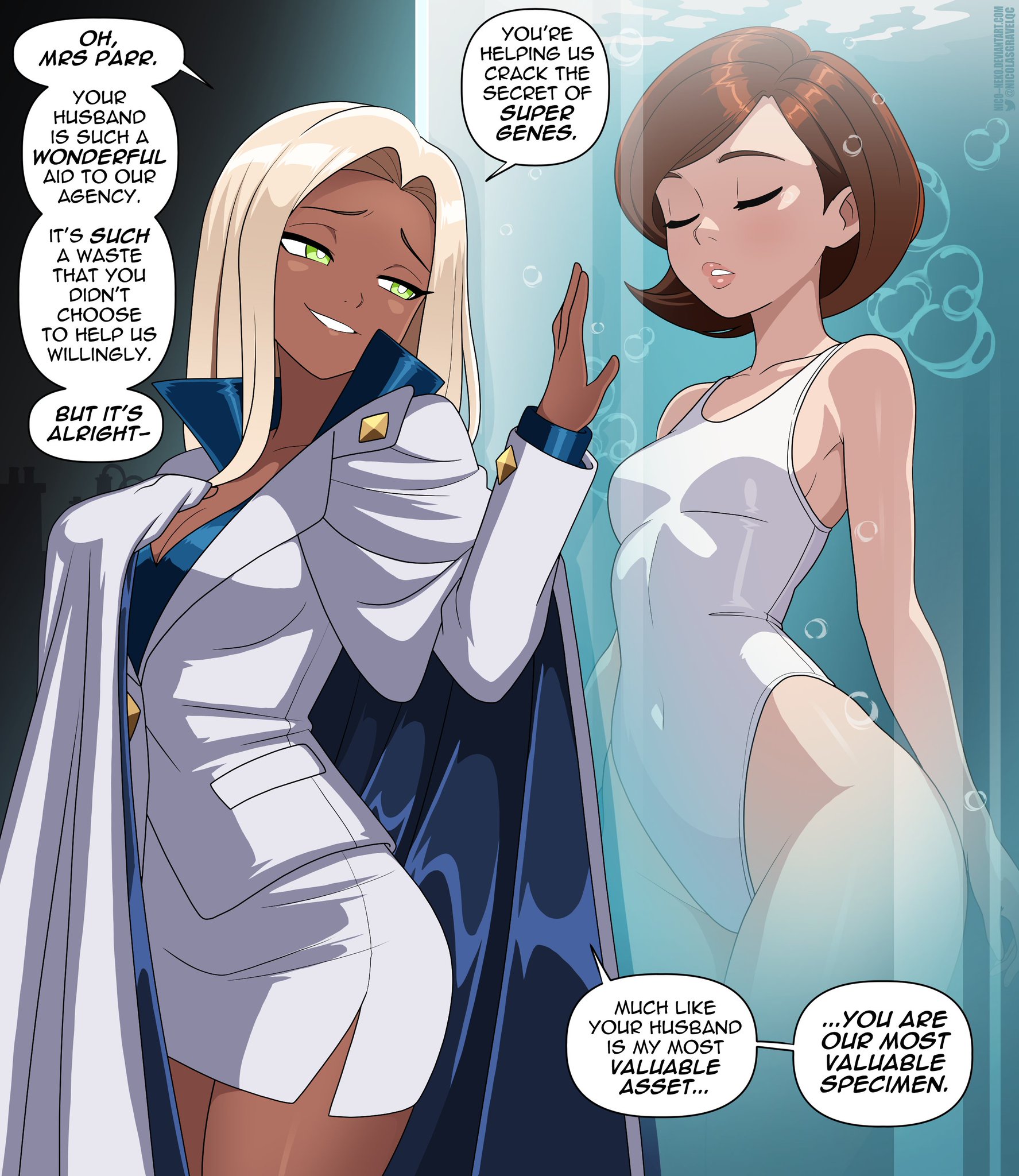 2girls, alternate universe, ass, big breasts, breasts, bust, busty, chest, curvaceous, curvy, curvy figure, dark skin, dark-skinned female, digital media (artwork), disney, elastigirl, female, helen parr, hips, hourglass figure, huge ass, huge breasts, large ass, large breasts, legs, light skin, light-skinned female, mature, mature female, milf, mirage (the incredibles), mother, nico-neko, nicolasgravelqc, oc, one piece swimsuit, original character, pixar, slim waist, the incredibles, thick, thick hips, thick legs, thick thighs, thighs, villain, villainess, villainess mirage, voluptuous, waist, white swimsuit, wide hips