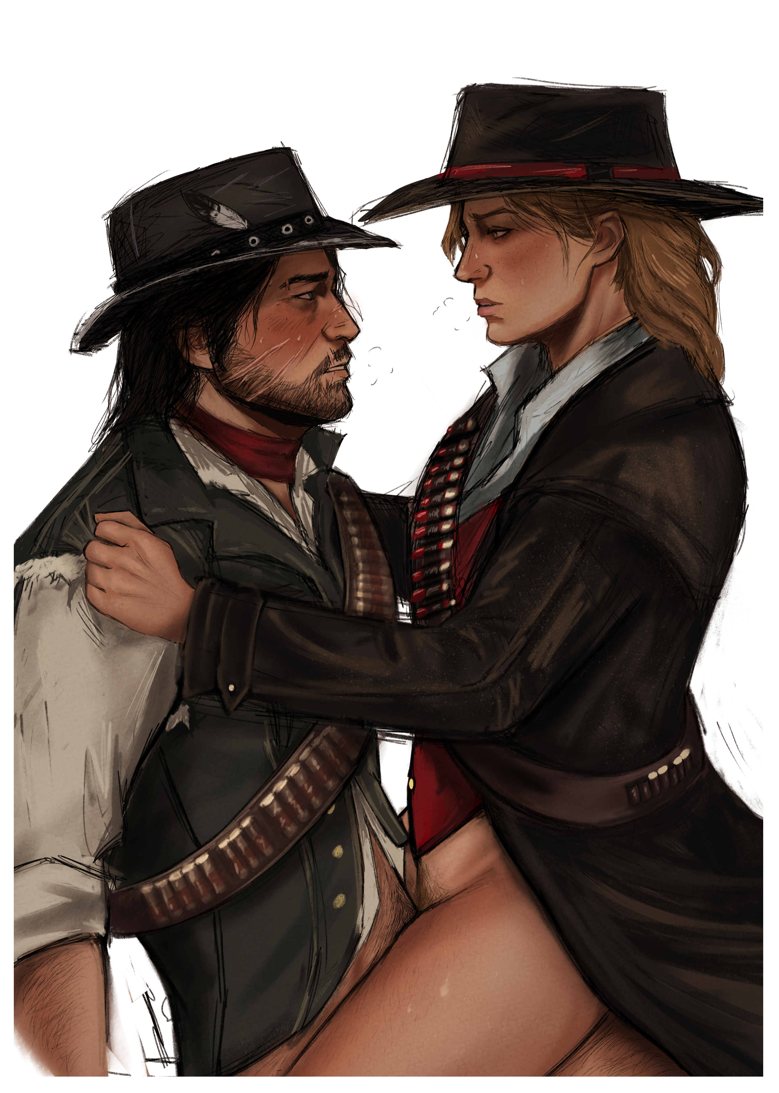 1boy, 1boy1girl, 1girls, 2d, arm hair, beard, beard stubble, blush, blushing, body hair, color, cowboy hat, facial hair, female, female on top, female pubic hair, fit, fit male, fr4nkt 4, holding, john marston, leg hair, male, mustache, penis, pubic hair, pussy, pussy hair, red dead redemption (series), red dead redemption 2, riding, riding penis, romantic ambiance, sadie adler, scar, scar on face, scars, straight, submissive male, vaginal penetration, vaginal sex