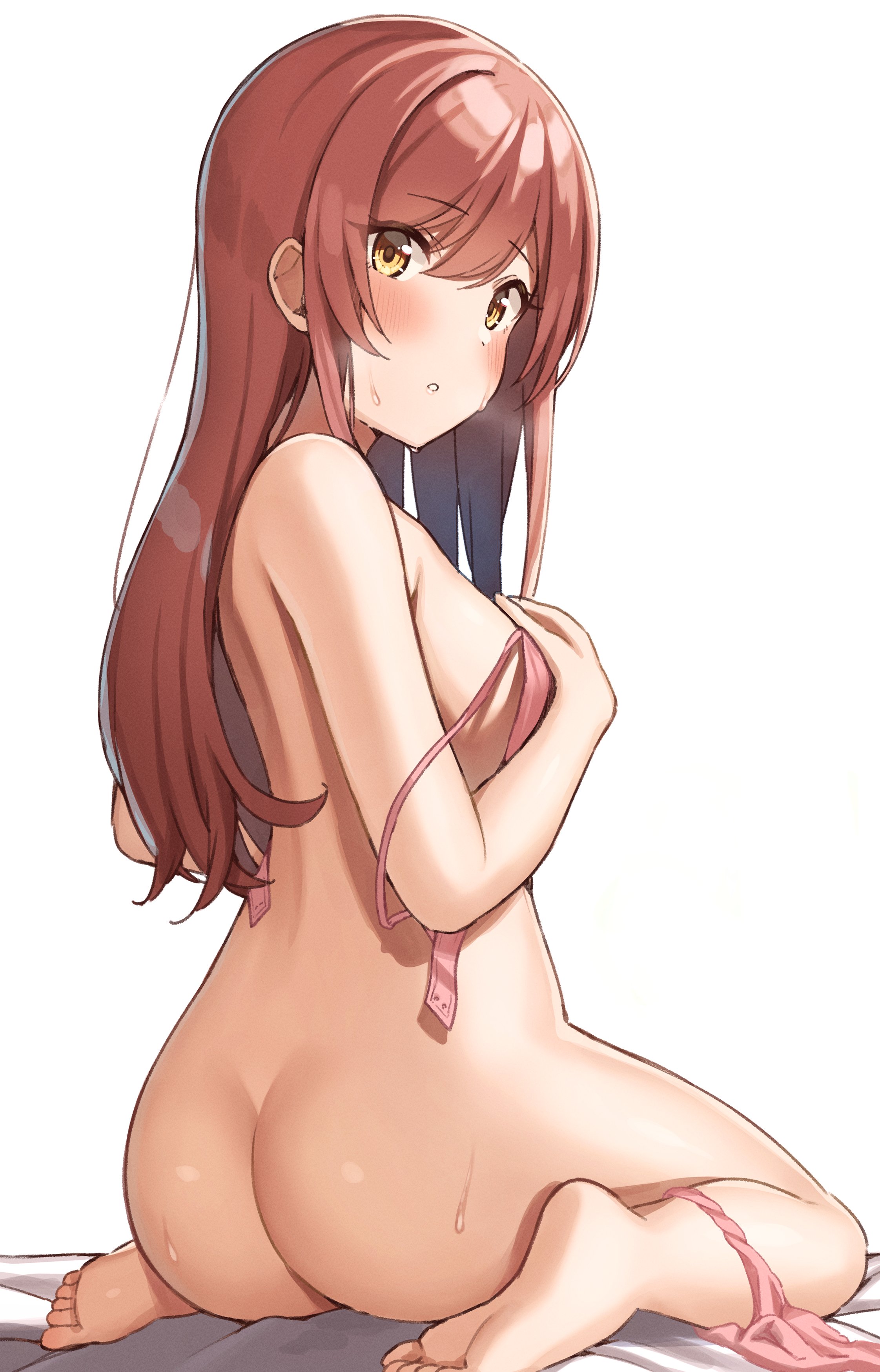 1girls, absurdres, ass, back, bare arms, bare legs, bare shoulders, barefoot, bed sheet, blush, bra, breasts, brown eyes, commentary request, covering breasts, covering privates, feet, female, from behind, full body, hair between eyes, heavy breathing, highres, idolmaster, idolmaster shiny colors, long hair, looking at viewer, looking back, medium breasts, on bed, osaki amana, panties, panties around one leg, panty pull, parted lips, pink bra, pink panties, red hair, sideboob, simple background, sitting, soles, solo, sweat, thighs, toes, underwear, wanimaru, wariza, white background