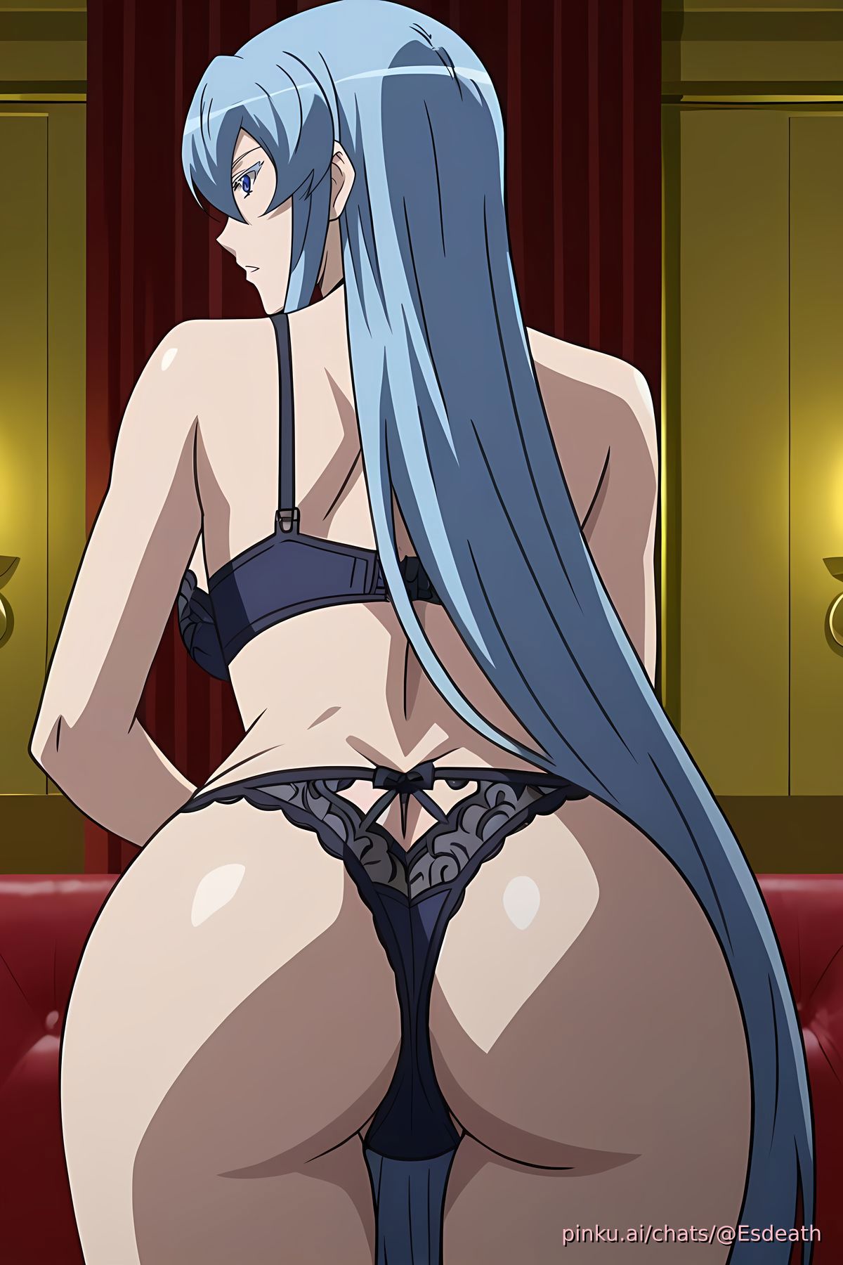 ai generated, akame ga kill!, ass, ass focus, big ass, blue hair, esdeath (akame ga kill!), female, from behind, lingerie, pinku.ai
