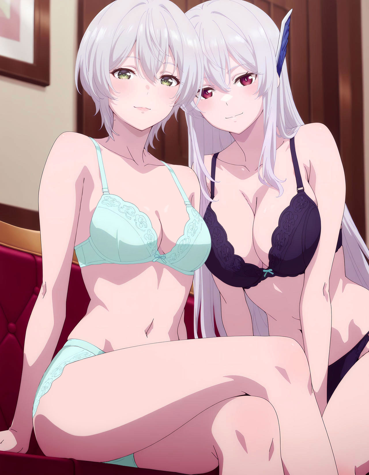 2girls, bare legs, bare shoulders, black bra, black thong, blue bra, blue panties, breasts, cleavage, collarbone, female, kikuchi fuuka, large breasts, lingerie, long hair, looking at viewer, mato seihei no slave, medium breasts, short hair, silver hair, sitting, uzen kyouka