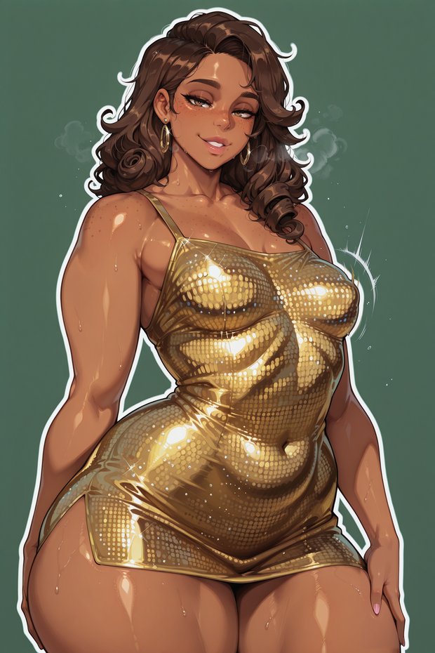 ai generated, bare thighs, big breasts, breasts, brown eyes, brown hair, dark skin, dark-skinned female, dress, earrings, female, golden dress, grand theft auto, grand theft auto vi, huge thighs, latina, long hair, looking at viewer, lucia caminos, oiled body, oiled skin, smiling, solo female, sweat, sweatdrop, thick body, thick female, thick thighs, thighs, thighs bigger than head, voluptuous, voluptuous female, yashugai
