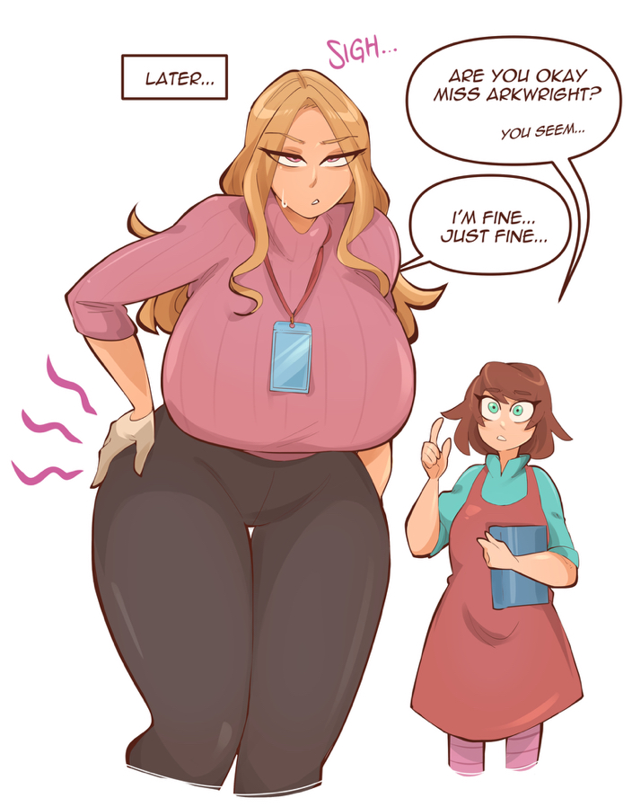 2d, 2girls, after sex, ass, big ass, big breasts, blonde hair, breasts, breasts bigger than head, female, hips wider than shoulders, light skin, light-skinned female, pink eyes, saucymojo, speech bubble, tatiana arkwright (saucymojo), teacher