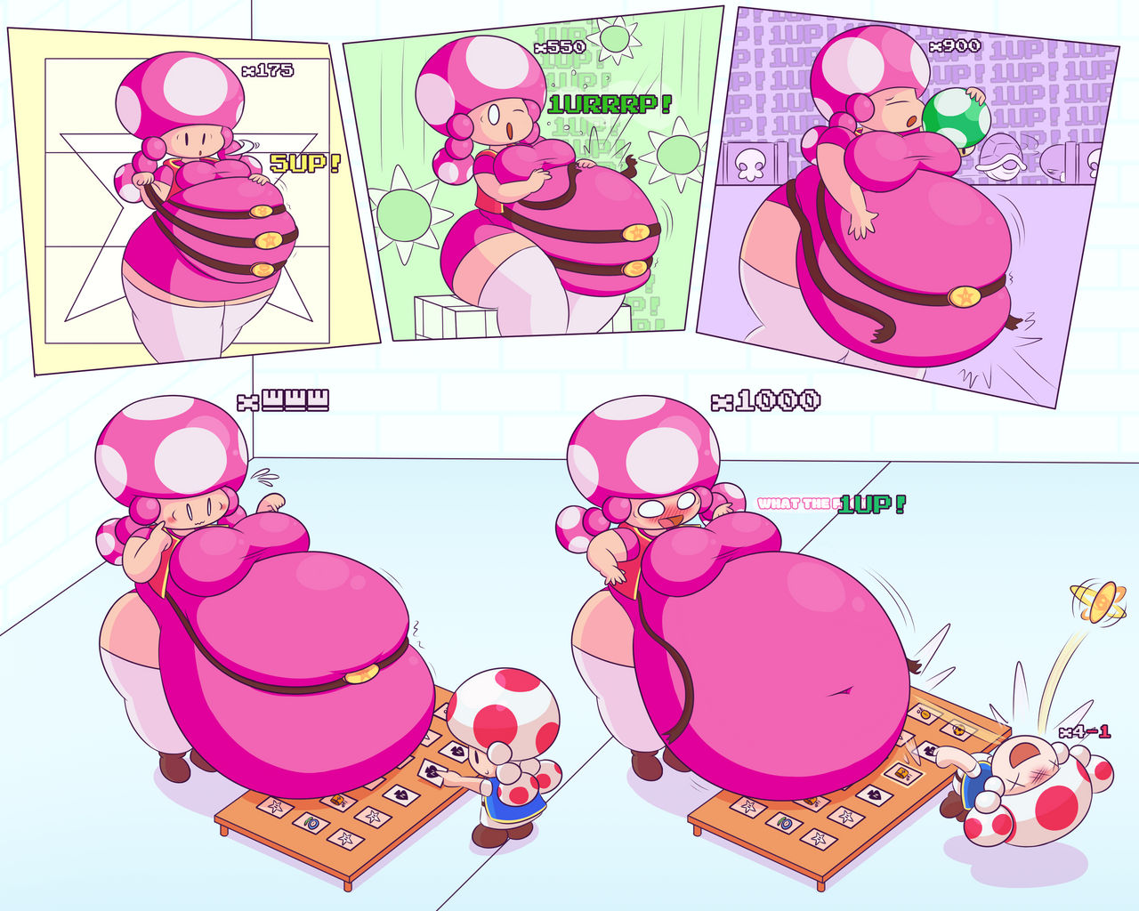 belly, belt, belt around belly, belt buckle, breaking, eating, female, mario (series), nottitanskull, overweight, stuffing, tagme, toad (mario), toadette, weight gain