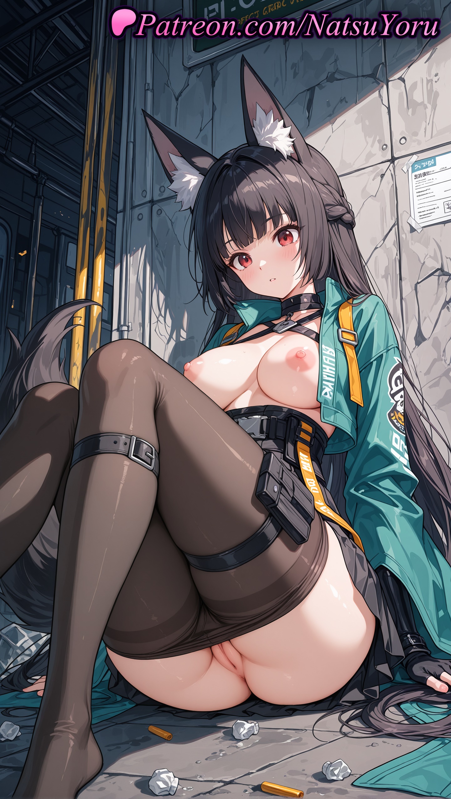 1girls, 2025, ai generated, animal ear fluff, animal ears, bangs, black gloves, black hair, black skirt, braid, breasts, cleft of venus, clothes pull, cropped jacket, female, female only, fingerless gloves, fox ears, fox girl, fox tail, gloves, green jacket, hi res, highres, hoshimi miyabi, hoyoverse, jacket, long hair, long sleeves, looking at viewer, mihoyo, natsuyoru, nipples, no panties, open clothes, open jacket, pantyhose, pantyhose pull, patreon, pussy, red eyes, sitting, skirt, solo, tail, thigh strap, uncensored, vagina, very long hair, voluptuous, voluptuous female, zenless zone zero