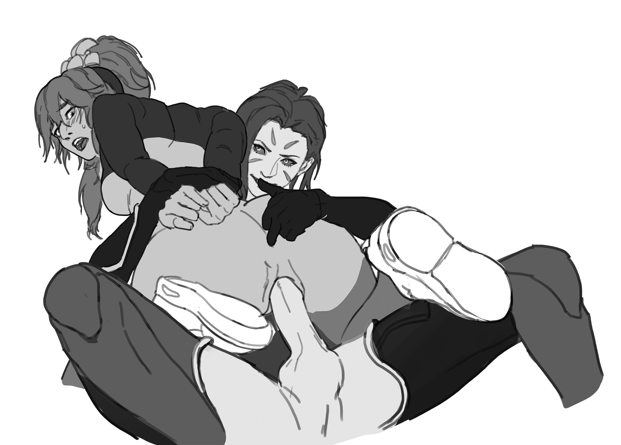 1futa, 1girls, anal fingering, anal sex, black sclera, blush, cowgirl position, dark skin, dark-skinned female, erection, face markings, female, flhour, futa on female, futanari, intersex, kai'sa, league of legends, looking back, monochrome, monster girl, partially clothed, penis, pussy, restrained, sex, shoes, sketch, taliyah, vagina, vaginal penetration