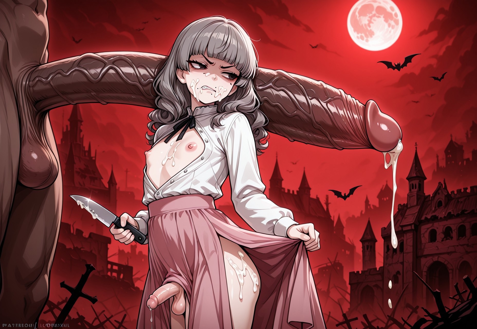 1dickgirl, absurdly large cock, ai generated, angry, annoyed, balls, balls size difference, blush, clenched teeth, cum, dark skin, dark-skinned male, dickgirl, dickgirl/male, fear and hunger, fear and hunger: termina, futanari, grey hair, holding knife, holding object, holding weapon, human, human male, interracial, intersex, large penis, larger male, light skin, long hair, long penis, male, marina (fear and hunger), night, open shirt, outdoors, penis, penis size comparison, penis size difference, self upload, shirt, size difference, skirt lift, small penis, small penis humiliation, teeth
