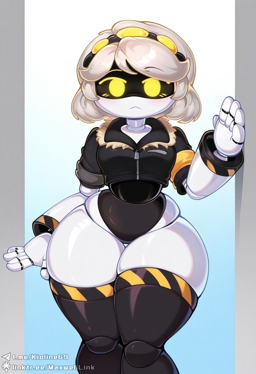 ai assisted, ai generated, civitai, female, female only, grey hair, kioline, murder drones, robot, robot girl, short hair, solo, solo female, thick thighs, v (murder drones), wide hips, yellow eyes