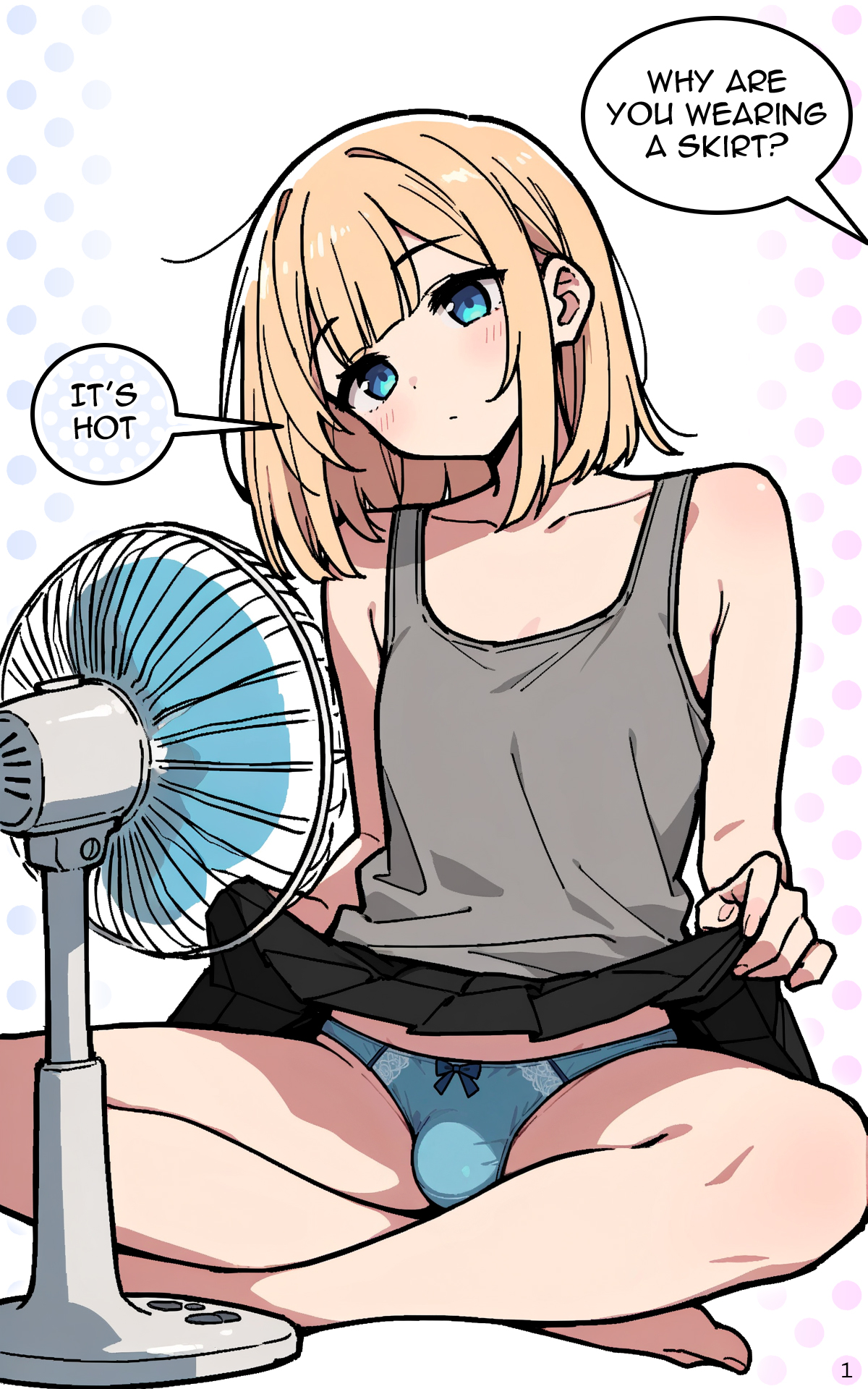 1boy, ai generated, blonde hair, blue eyes, blue panties, bulge, crossdressing, crossed legs, dialogue, fan, femboy, fufusu, lifting skirt, male, off screen character, otoko no ko, panties, sitting cross legged, skirt, trap