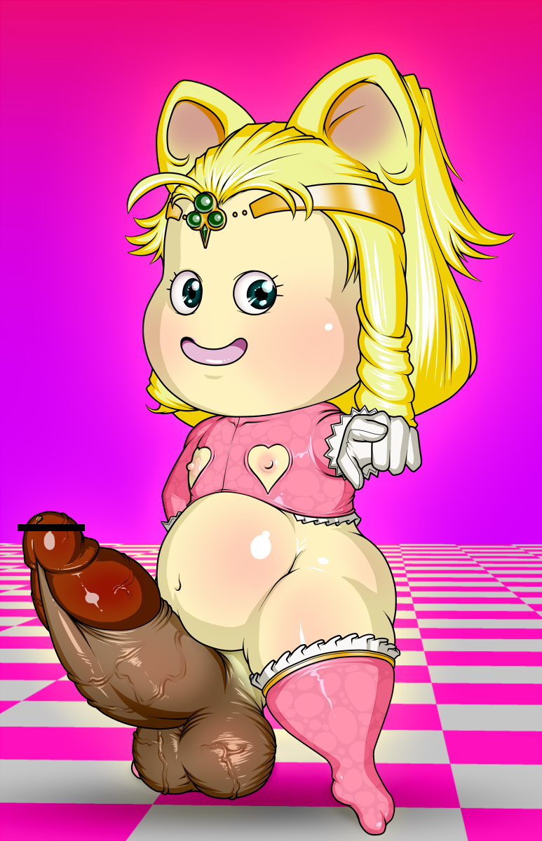 a- big_belly blonde_hair bottomless cat_ears censor_bar censored checkered_floor chubby clothing cum cute dark_penis dark_testicles deep_navel dragon_quest dragon_quest_x erection flat_chested garter gloves green_eyes hand_on_hip huge_balls huge_cock looking_at_viewer pointing poppet_(dq10) precum_bubble pukuripo purple_background red_glans retracted_foreskin sidelocks smile square_enix stockings thighhighs tiara veiny_penis veiny_testicles