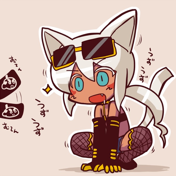 animal_ears blue_eyes chibi clothed color female female_only flat_chest gloves kaiten_muten-maru long_hair open_eyes open_mouth shamu_meruruusa solo squatting tail tan tubetop white_hair