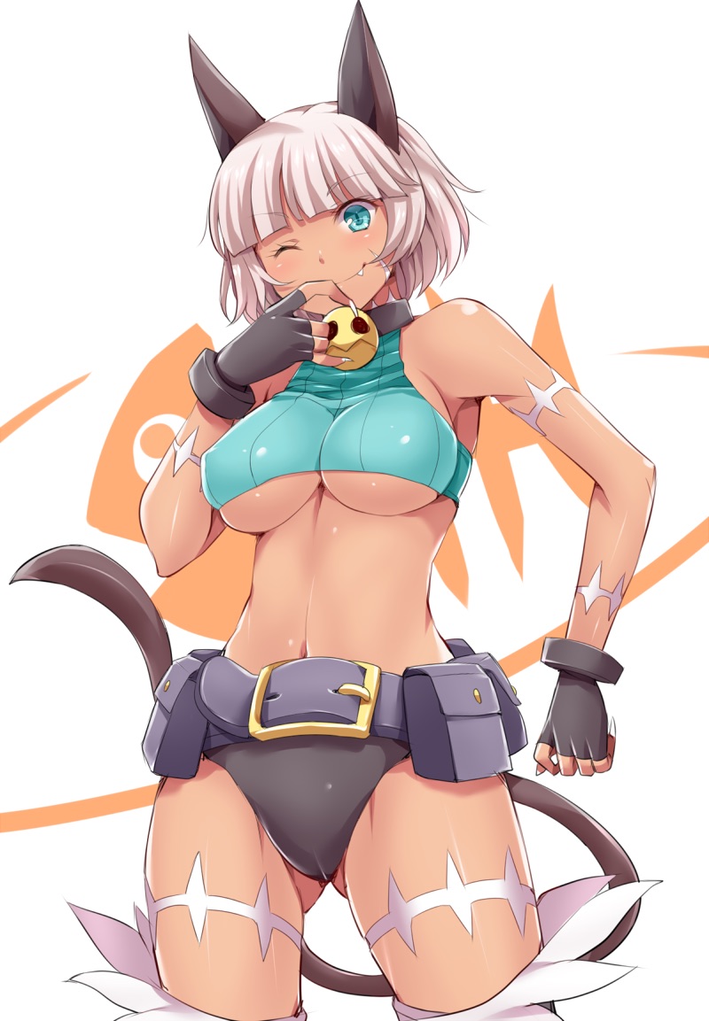 animal_ears bare_shoulders belt blue_eyes bob_cut breasts cat_ears cat_tail crop_top cute_fang dark-skinned_female dark_skin female fingerless_gloves gloves halter_top halterneck hasu_(hk_works) large_breasts nadia_fortune navel one_eye_closed scar short_hair skullgirls sleeveless sleeveless_turtleneck smile solo tail turtleneck underboob white_hair wink