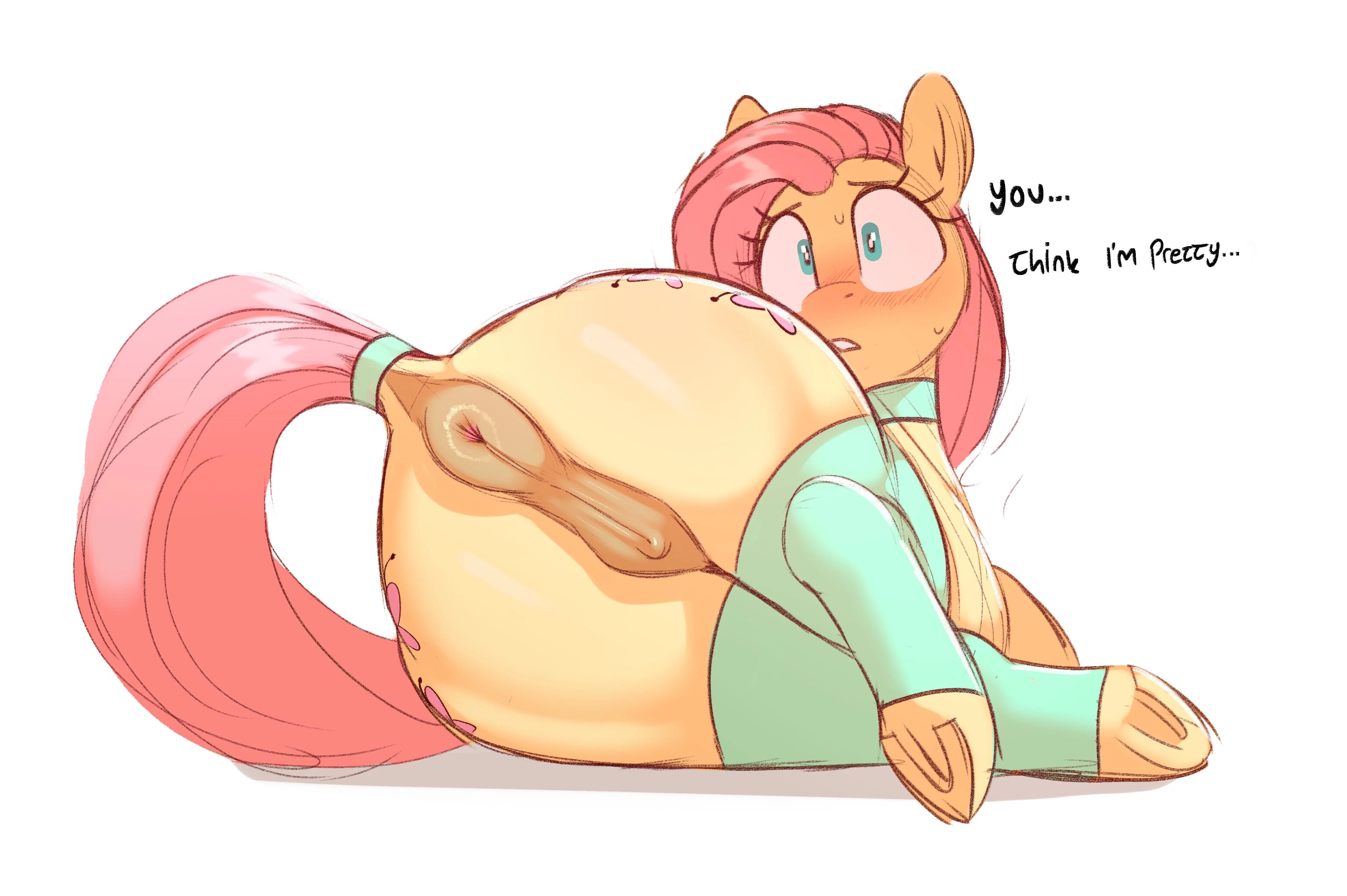 2d, absurd res, animal genitalia, animal pussy, anus, ass, big ass, big butt, blush, clothing, dialogue, equid, equine, equine genitalia, equine pussy, eyelashes, female, feral, fluttershy (mlp), friendship is magic, full color, genitals, hair, hasbro, hi res, legwear, looking back, lying, mammal, my little pony, no penetration, on side, pink hair, puffy anus, pupils, pussy, rear view, socks, solo, solo female, text, thigh highs, welost, yellow body