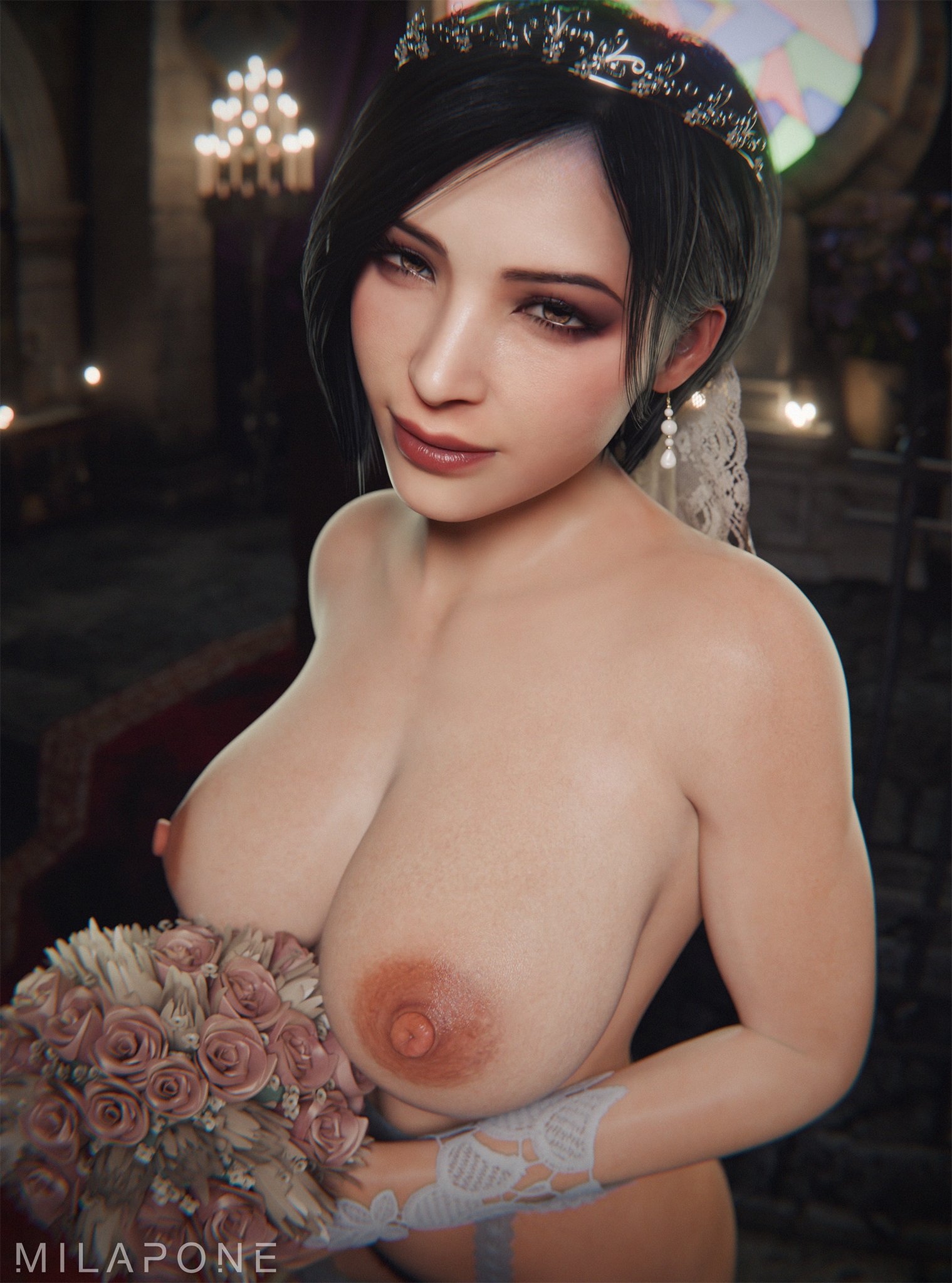 1girl, 1girls, ada wong, ada wong (adriana), areola, areolae, big breasts, black hair, black hair female, breasts, bride, capcom, chinese, chinese female, cleavage, erect nipples, female, female focus, female human, female only, female solo, human, human female, human only, human solo, large breasts, milapone, nipples, resident evil, resident evil 2, resident evil 2 remake, resident evil 4, resident evil 4 (remake), resident evil 4 remake, resident evil 6, short hair, solo, solo female, solo focus, standing, standing up, twitter, video game character, video game franchise, video games, wedding, wedding gloves, wedding lingerie, wedding veil