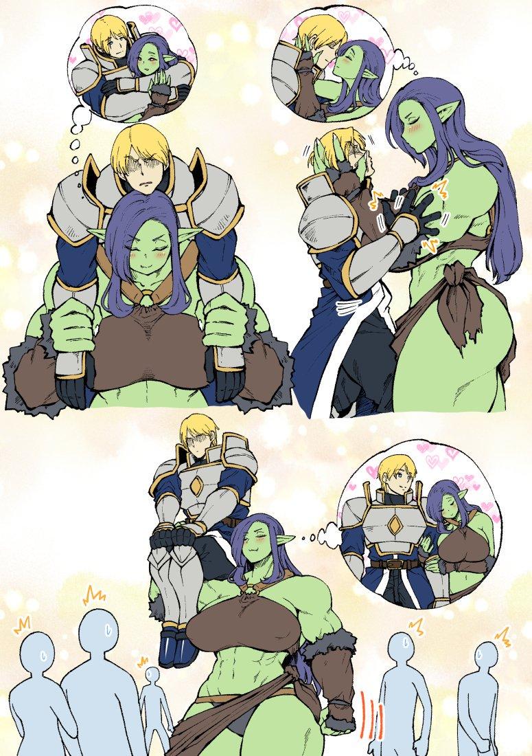 1boy, 1girls, 3koma, abs, armor, artist request, attempted kiss, blonde hair, blue hair, blush, carrying, expectation vs reality, eyes closed, failure, female orc, femdom, gentle femdom, green skin, head grab, huge breasts, knight, large breasts, long hair, lost pause, multiple others, muscular female, nenbuta, orc, orc female, pointy ears, smile, taller female shorter male, thinking, yellow background