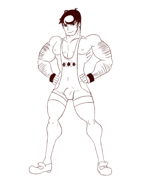 beowulf_(skullgirls) black_hair bulge gay hairy human male male_only muscular restricted_palette sideburns singlet skullgirls solo tagme vpl wrestling_outfit wrestling_singlet