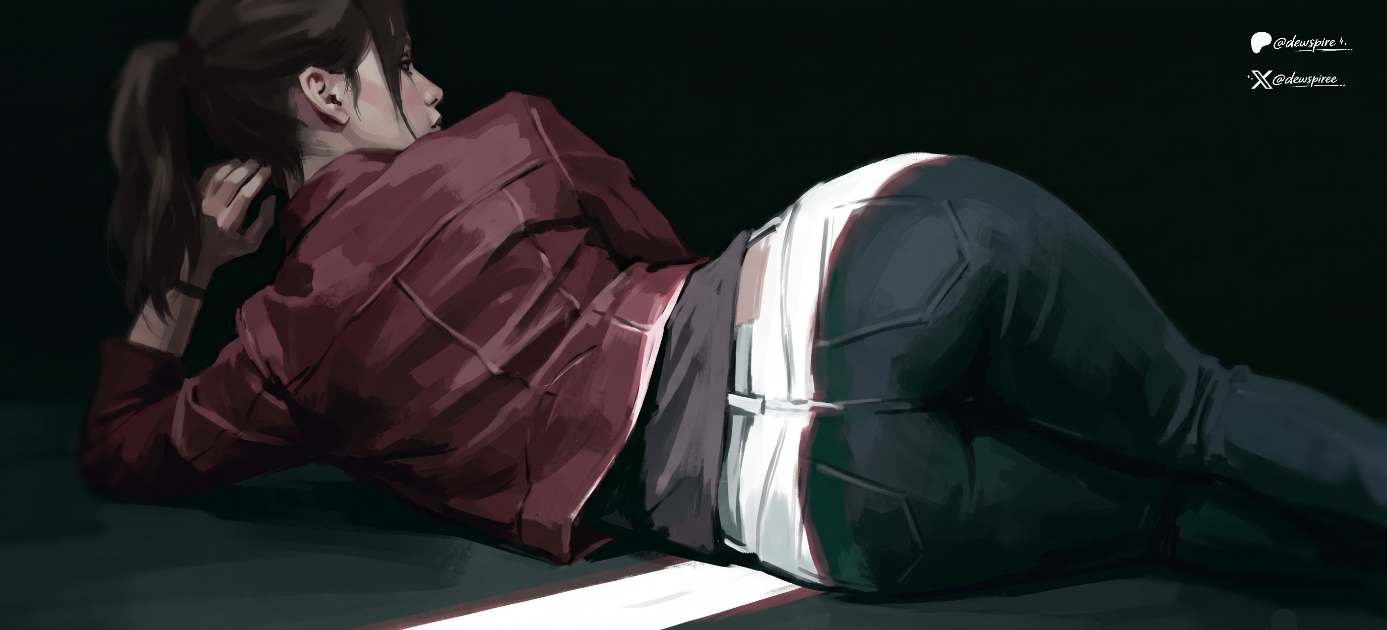 ai assisted, ai generated, ass, ass focus, big ass, claire redfield, claire redfield (jordan mcewen), clothed, clothing, dewspire, female, female only, jeans, lying, resident evil, resident evil code veronica, round ass, thick thighs