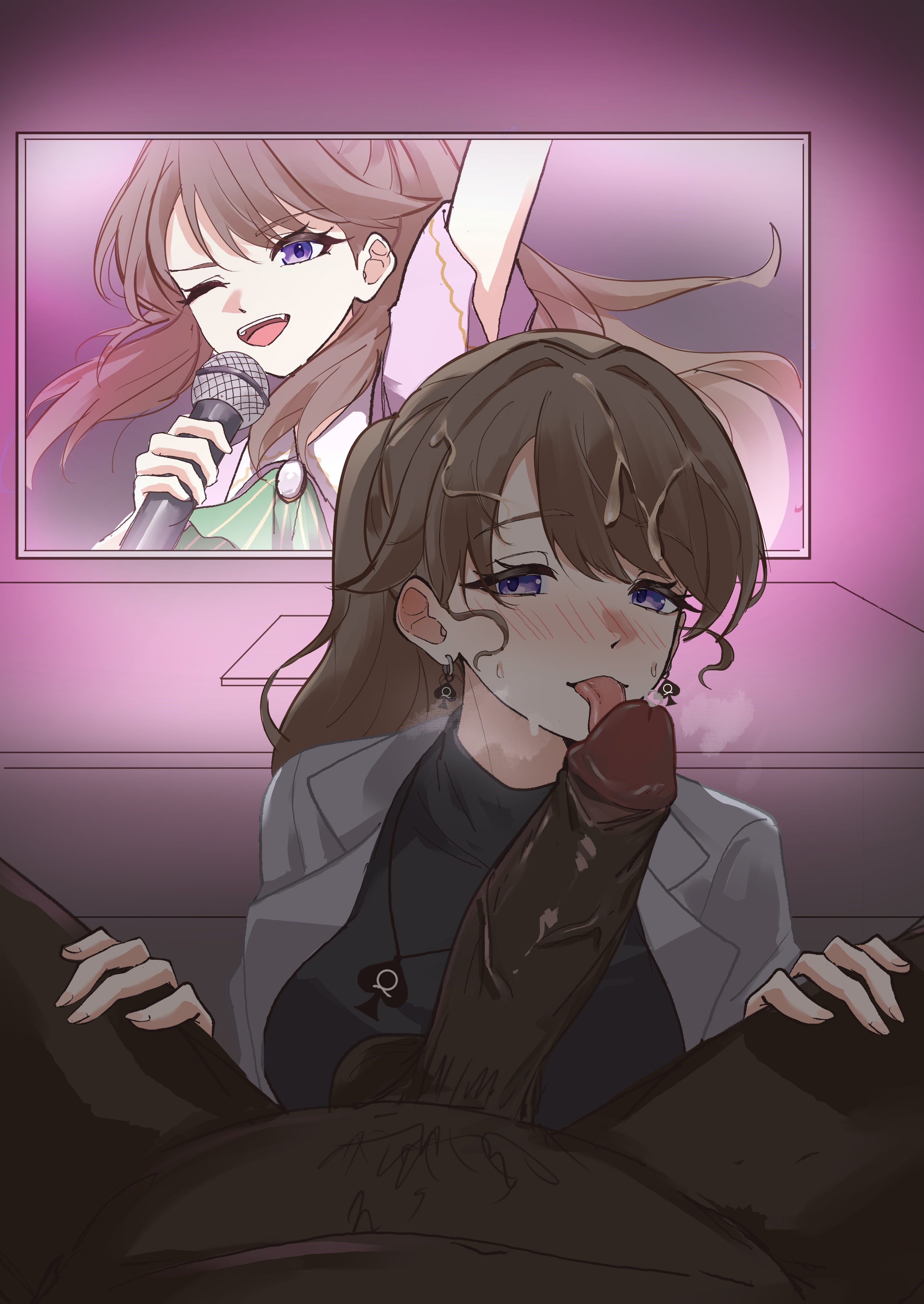 1boy, 1girls, 2026, 2d, 2d (artwork), absurdres, artist request, brown hair, cock worship, cum, cum in hair, cum on face, dark room, dark-skinned male, fujishima megumi, huge cock, interracial, jacket, licking penis, light-skinned female, long hair, love live!, penis, pubic hair, purple eyes, queen of spades, queen of spades earrings, queen of spades necklace, queen of spades symbol, steam, steaming breath, tagme, turtleneck, tv