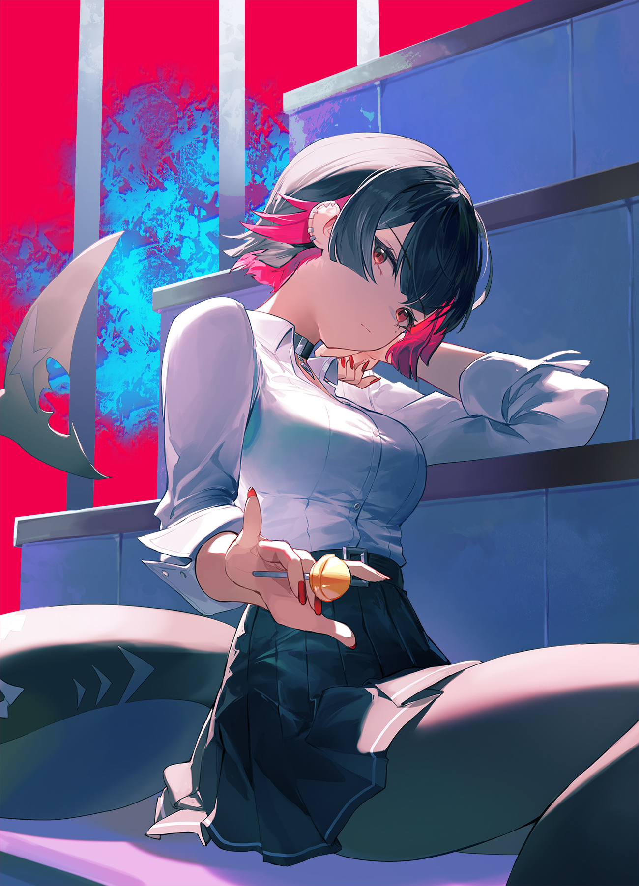 1girl, colored nails, cotta (heleif), ellen joe, highschool girl, long nails, painted nails, red nails, shark girl, shark tail, solo, zenless zone zero