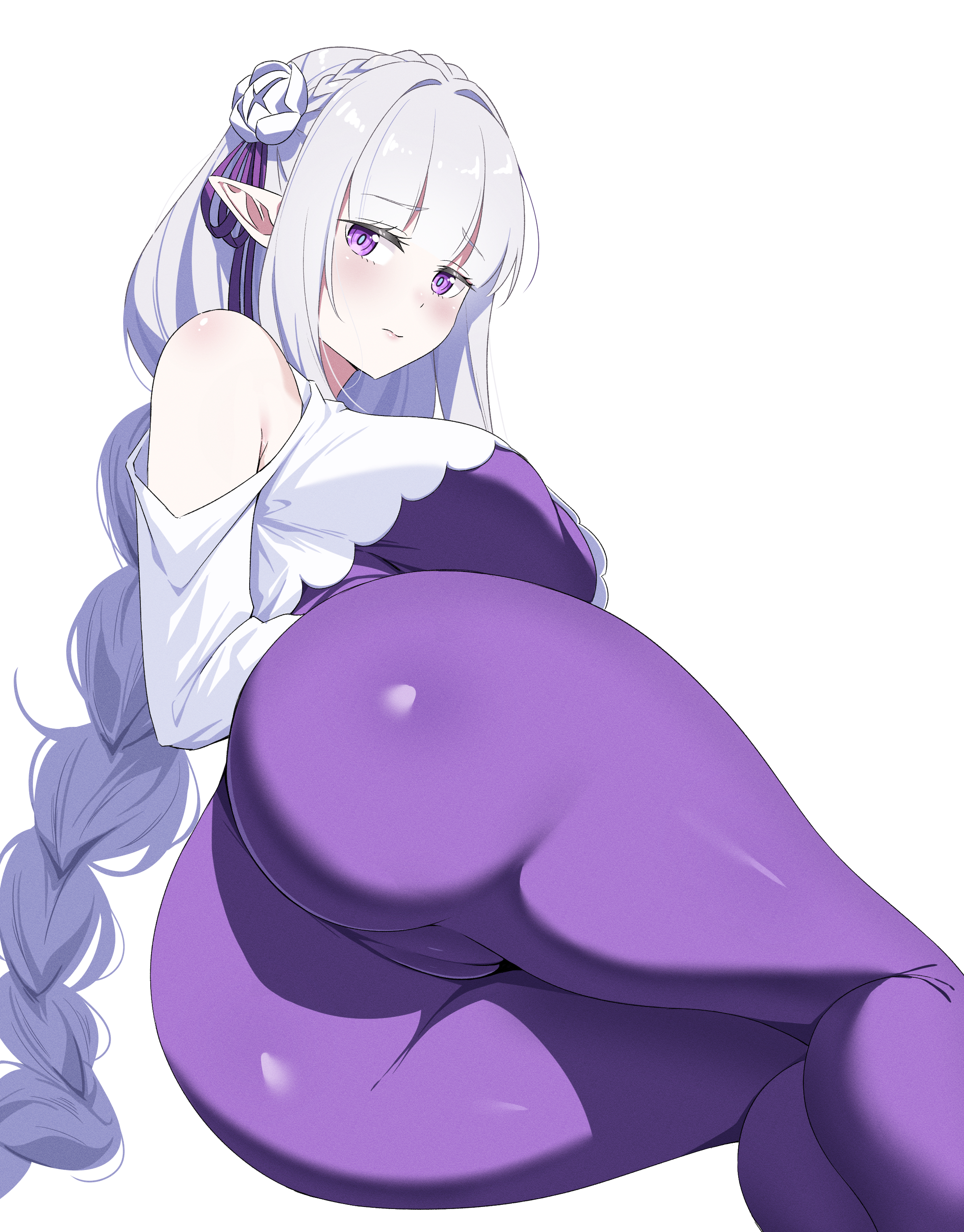 1girl, ass, ass focus, bare shoulders, blush, cameltoe, closed mouth, elf, elf ears, emilia (re:zero), from behind, huge ass, large breasts, looking at viewer, looking back, pointy ears, purple bodysuit, re:zero kara hajimeru isekai seikatsu, reia 76, solo, tight clothes