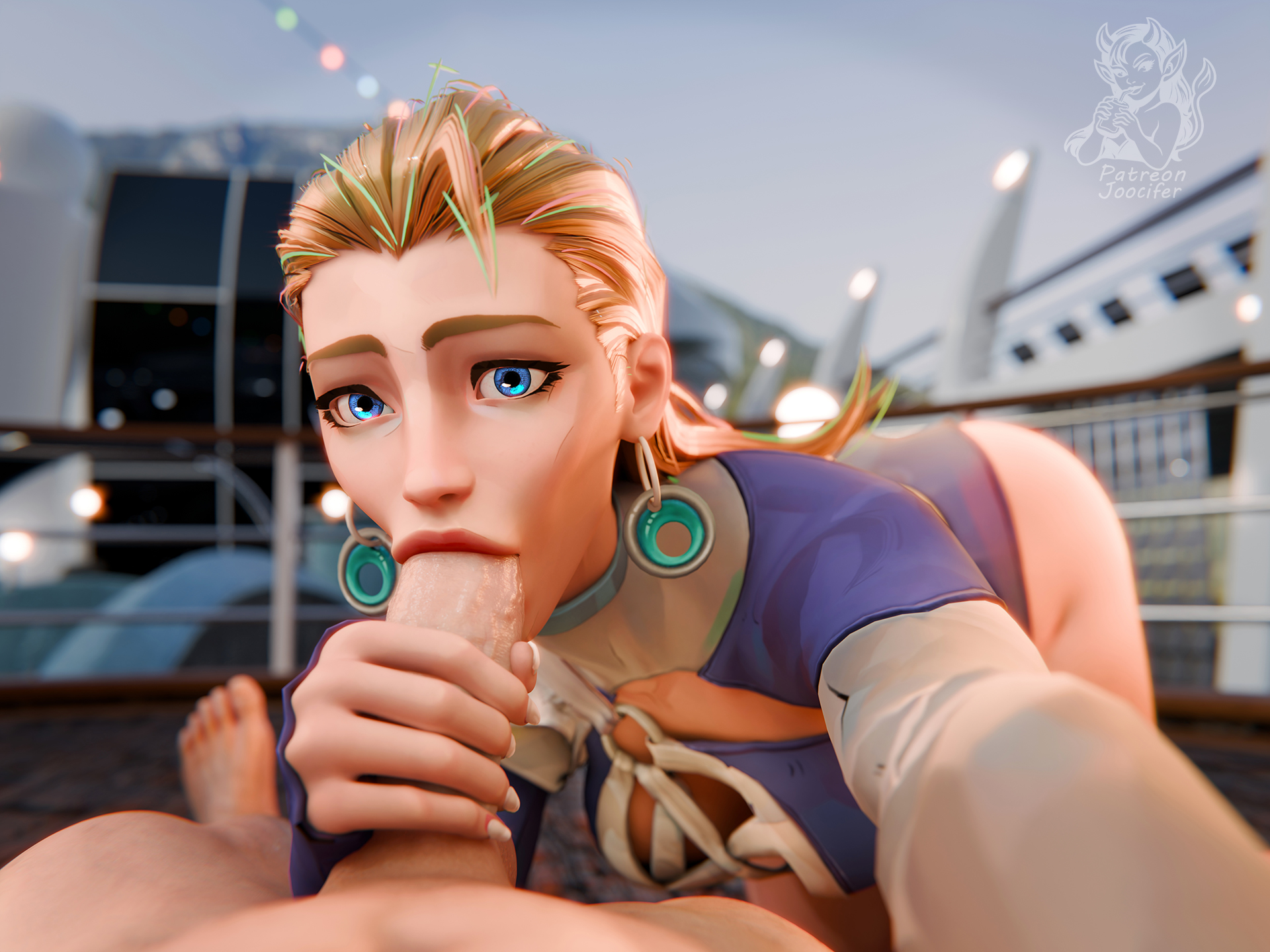1boy, 1boy1girl, 1girl, 1girl1boy, 3d, 3d (artwork), all fours, blender, blender (artwork), blonde hair, blowjob, blowjob face, blue eyes, eye contact, fantastic four, invisible woman, invisible woman (azure shade), invisible woman (marvel rivals), joocifer, marvel, marvel rivals, straight, stroking cock, stroking penis, sue storm, swimsuit, swimwear