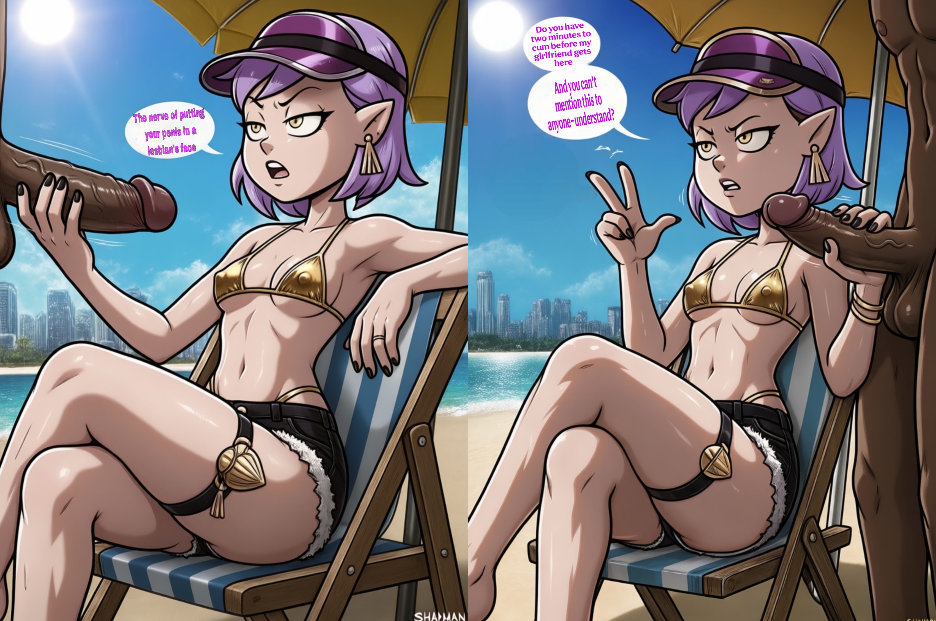 ai assisted, amity blight, artist request, beach, black male, blacked, comic page, comic panel, crossed legs, cucked lesbian, degradation, degradation text, disney, disney channel, elf ears, english text, golden bikini, handjob, interracial, large penis, lesbian with male, orientation play, text, the owl house, witch (the owl house)