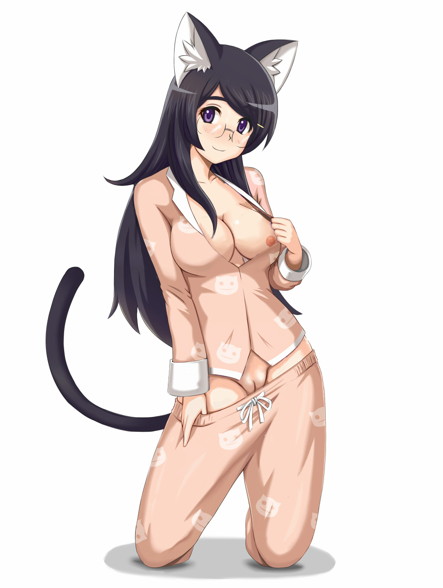 bakemonogatari black_hanekawa cat_ears cat_tail female hanekawa_tsubasa large_breasts long_hair monogatari_(series) nekomimi nipples one_breast_out pussy showing simple_background smile tagme teasing