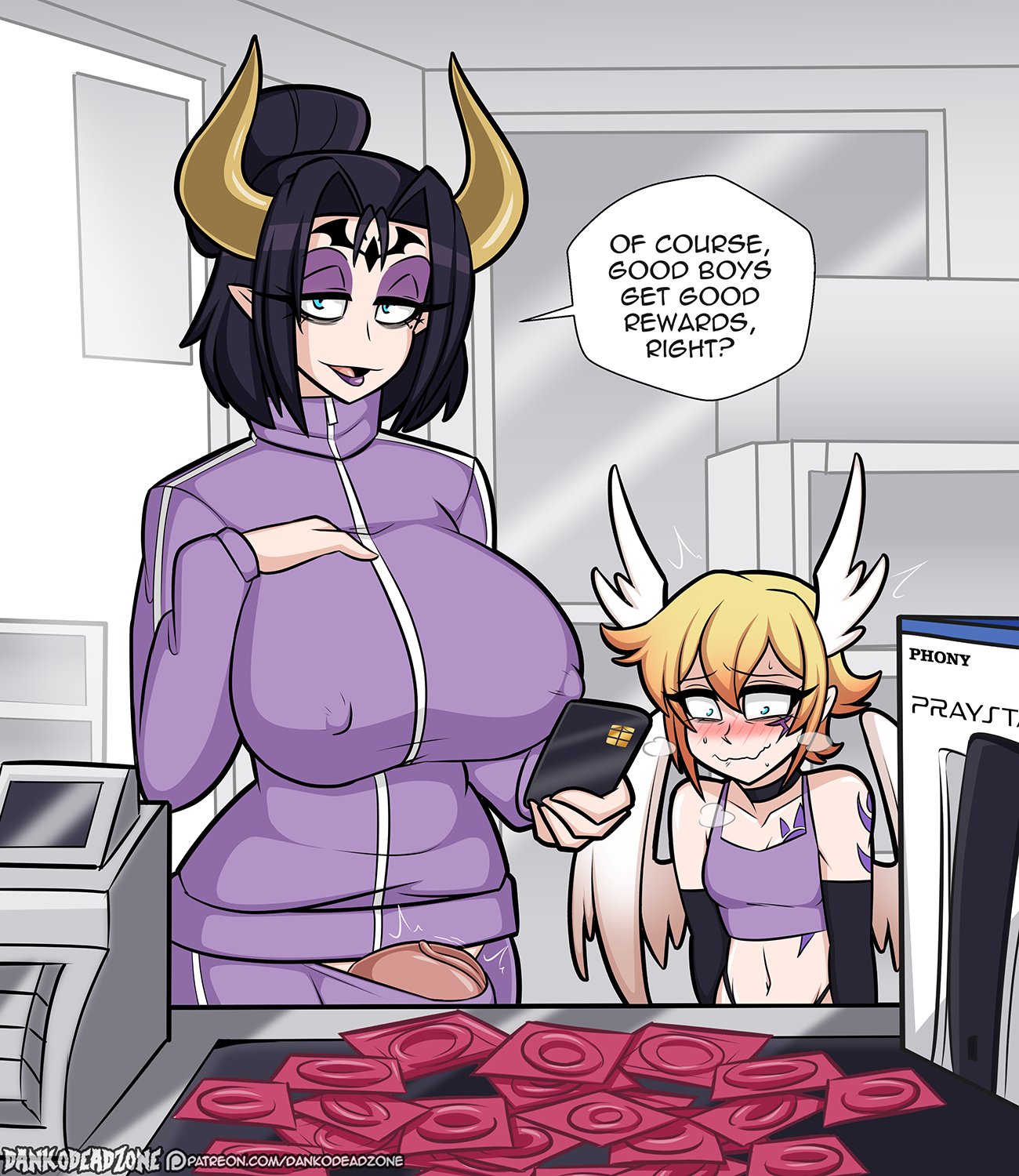 1boy, 1futa, 2026, angel, angel boy, angel wings, armwear, bandai namco, big breasts, big penis, black hair, blonde hair, blue eyes, blush, cash register, choker, condom, crop top, dankodeadzone, demon, demon girl, demon horns, dialogue, digimon, embarrassed, english text, eye bags, eyelashes, femboy, forehead mark, futanari, game console, girly, good boy, good boy (phrase), head wings, height difference, hi res, horns, large breasts, lilithmon, looking at viewer, lucemon, male, narrowed eyes, nipple bulge, penis peek, playstation, playstation 5, pointy ears, pov, purple eyeshadow, purple lipstick, seven great demon lords, shorter male, speech bubble, sportswear, supermarket, talking to viewer, taller futa, tied hair, tracksuit, wavy mouth, wings