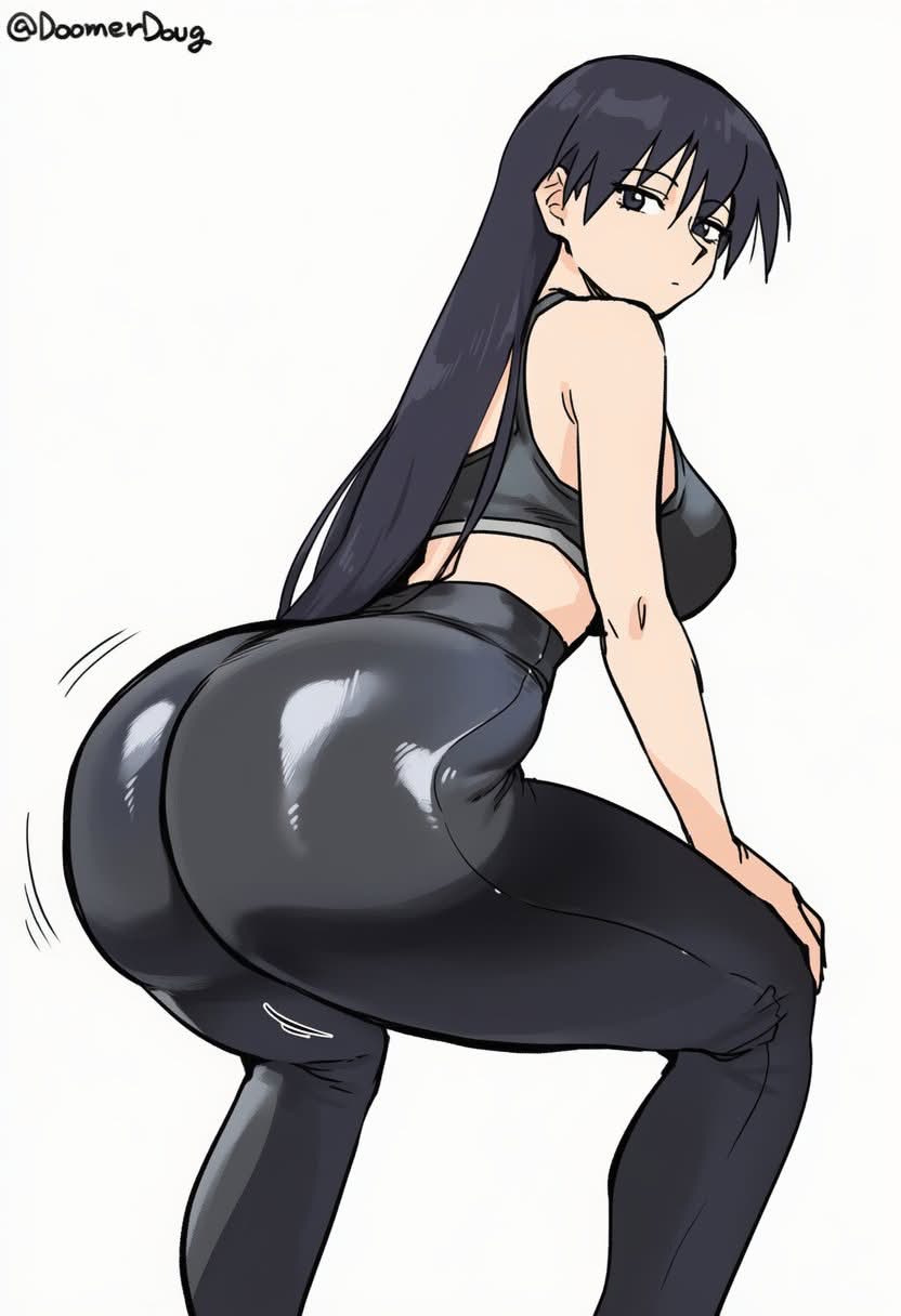 1girls, artist name, ass, ass focus, ass shake, azumanga daiou, back, back view, big breasts, black bra, black eyes, black hair, black legwear, black pants, breasts, doomerdoug, gym, gym clothes, gym uniform, light-skinned female, long hair, looking back, sakaki, simple background, squatting, thighs, twerk, twerking, white background