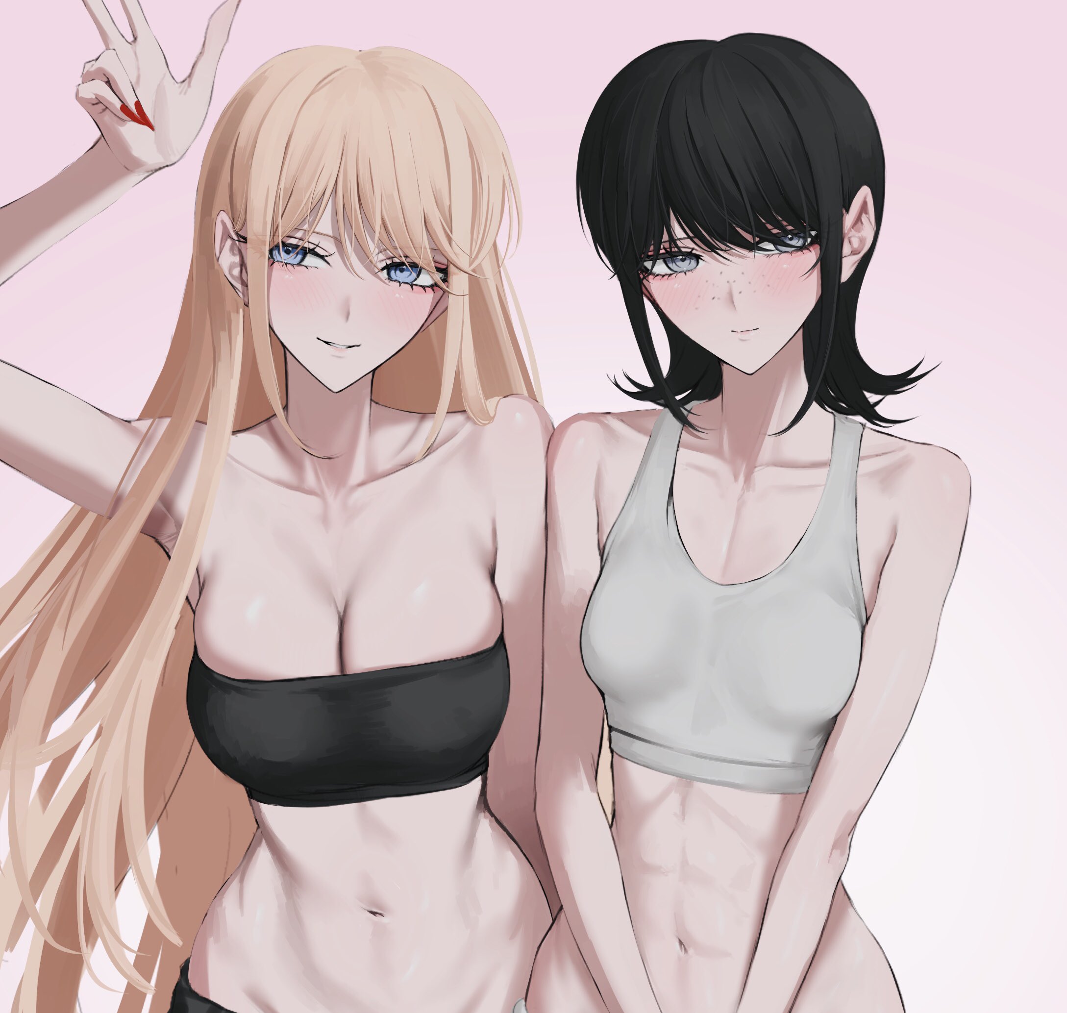 2girls, abs, bellybutton, black bra, black hair, blonde hair, blue eyes, blush, cleavage, collarbone, danganronpa, danganronpa: trigger happy havoc, fingernails, freckles, hand up, junko enoshima, koha 2652, large breasts, mukuro ikusaba, muscles, muscular, muscular female, nail polish, navel, pink background, red nail polish, red nails, siblings, simple background, sisters, standing, twins, white bra