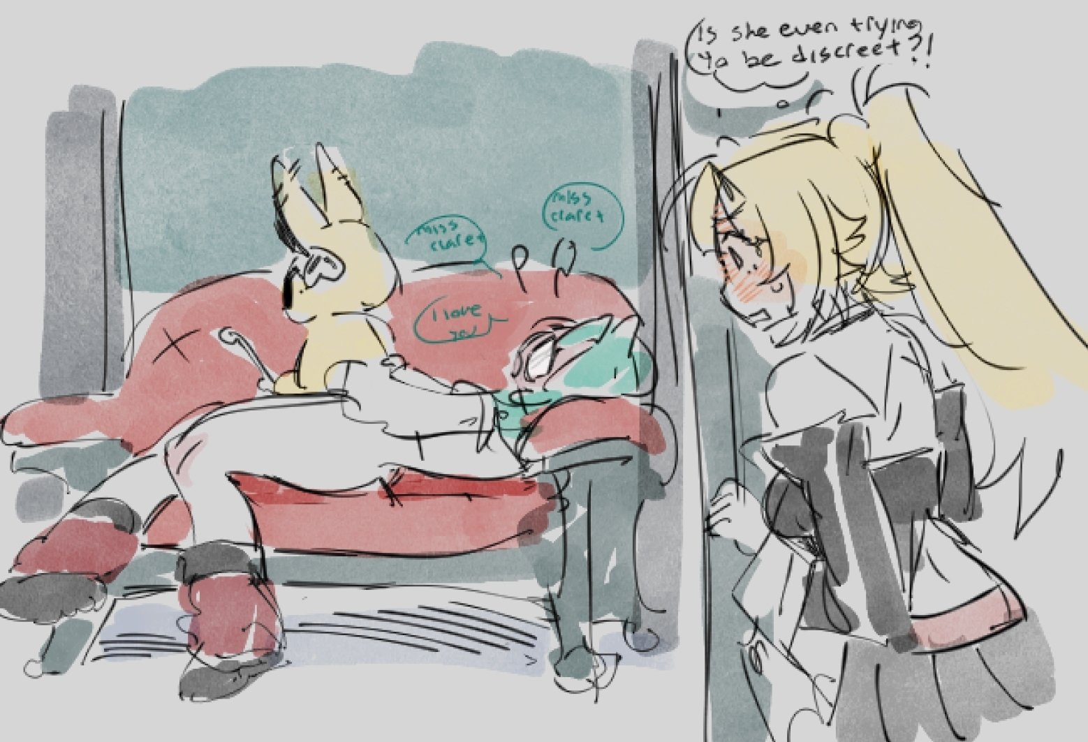 1futa, 1girls, being watched, blonde hair, blush, claret flint, cum, dialogue, female, futanari, glasses, horny, hoyoverse, masturbation, mihoyo, red hair, roxy ifrita pryce, stuffed toy, sweat, sweaty, sweeter kiwiis, teal hair, text, voyeur, zenless zone zero