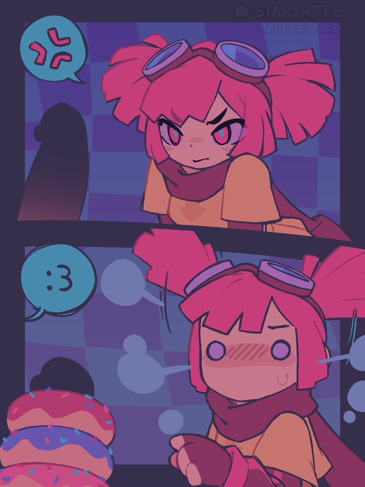 :3, angry, buro (muse dash), comic, doughnut, doughnut on penis, emoticon, food, goggles, goggles on head, muse dash, penis, pigtails, pink hair, scarf, star rifle, surprised, unseen male face