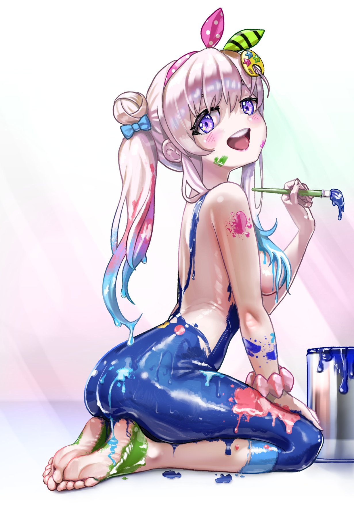 1girls, airani iofifteen, alien, alien girl, alien humanoid, average breasts, bare shoulders, barefoot, big breasts, blue eyes, blushing at viewer, bodypaint, breasts, feet up, female, female foucs, gastornis kfp, hair accessory, hair between eyes, hair bun, hair on breasts, hand on knee, headband, holding object, holding paintbrush, hololive, hololive indonesia, hololive indonesia area 15, kneeling, light skin, light-skinned female, long hair, looking at viewer, mouth open, naked, naked female, nude, nude female, on ground, on knees, paint bucket, paint drip, paint on arm, paint on ass, paint on body, paint on breasts, paint on feet, paint on hair, paint on legs, painted clothes, painting self, pink hair, profile view, ribbon, scrunchie, scrunchie on wrist, seated, shiny skin, side ponytail, side view, sideboob, simple background, smile, smiling, smiling at viewer, soles, solo, solo focus, toes, virtual youtuber, wariza, white background, white hair