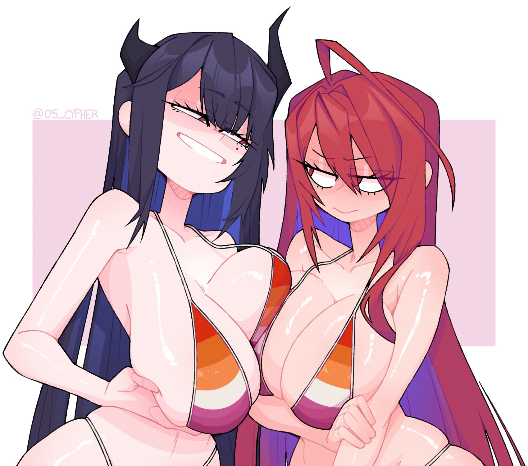 2girls, ahoge, big breasts, blue hair, breast press, breasts, breasts bigger than head, busty, busty female, cypher 05, dark hair, elizabeth rose bloodflame, female only, holding breast, hololive, hololive english, hololive english -advent-, hololive english -justice-, horns, huge breasts, large breasts, lesbian, lesbian flag bikini, light-skinned female, long hair, mole under eye, nerissa ravencroft, red eyes, red hair, swimsuit, thin waist, two-tone hair, upper body, virtual youtuber, voluptuous, voluptuous female, vtuber, wide hips