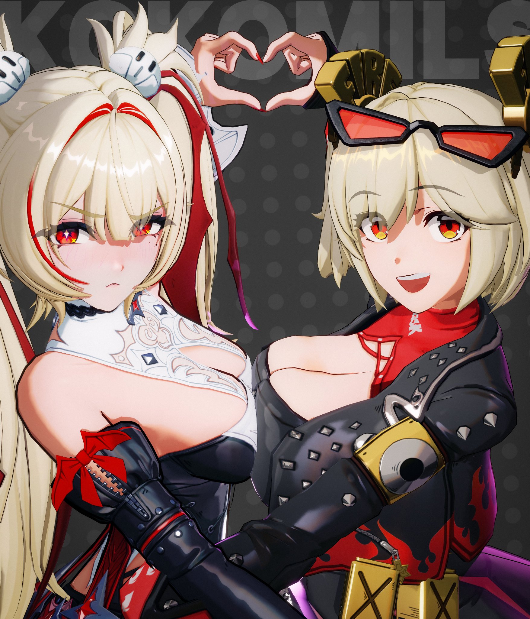 2girls, 3d, 3d model, bare shoulders, beauty mark, beauty mark under eye, blush, breasts, burnice white, claret flint, cleavage, colored nails, female, female only, hair ornament, hand heart, kokomils, large breasts, long hair, long nails, painted nails, pale skin, pale-skinned female, pigtails, platinum blonde hair, red eyes, red nails, sunglasses, sunglasses on head, tsundere, two-tone hair, zenless zone zero